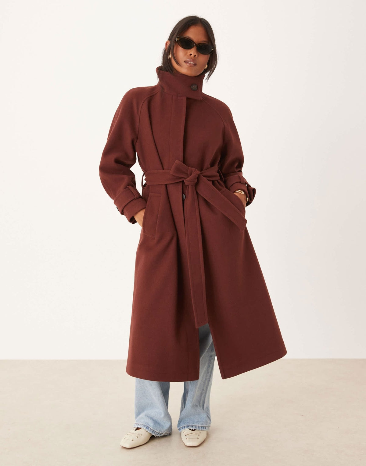 ASOS DESIGN Petite funnel neck longline formal trench coat in rust - ASOS Sample Sale