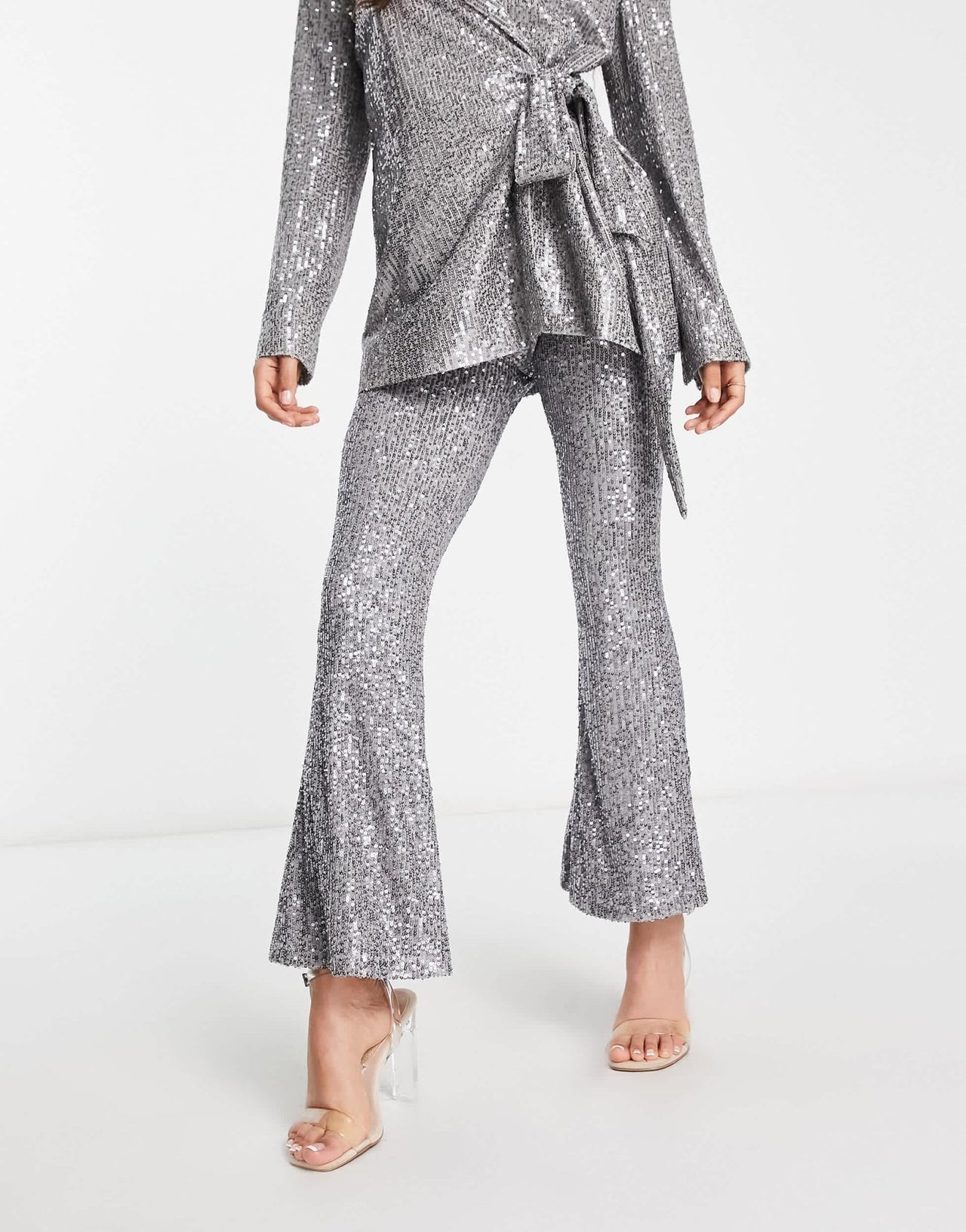 ASOS DESIGN Petite jersey sequin flare trouser in gunmetal - ASOS Sample Sale