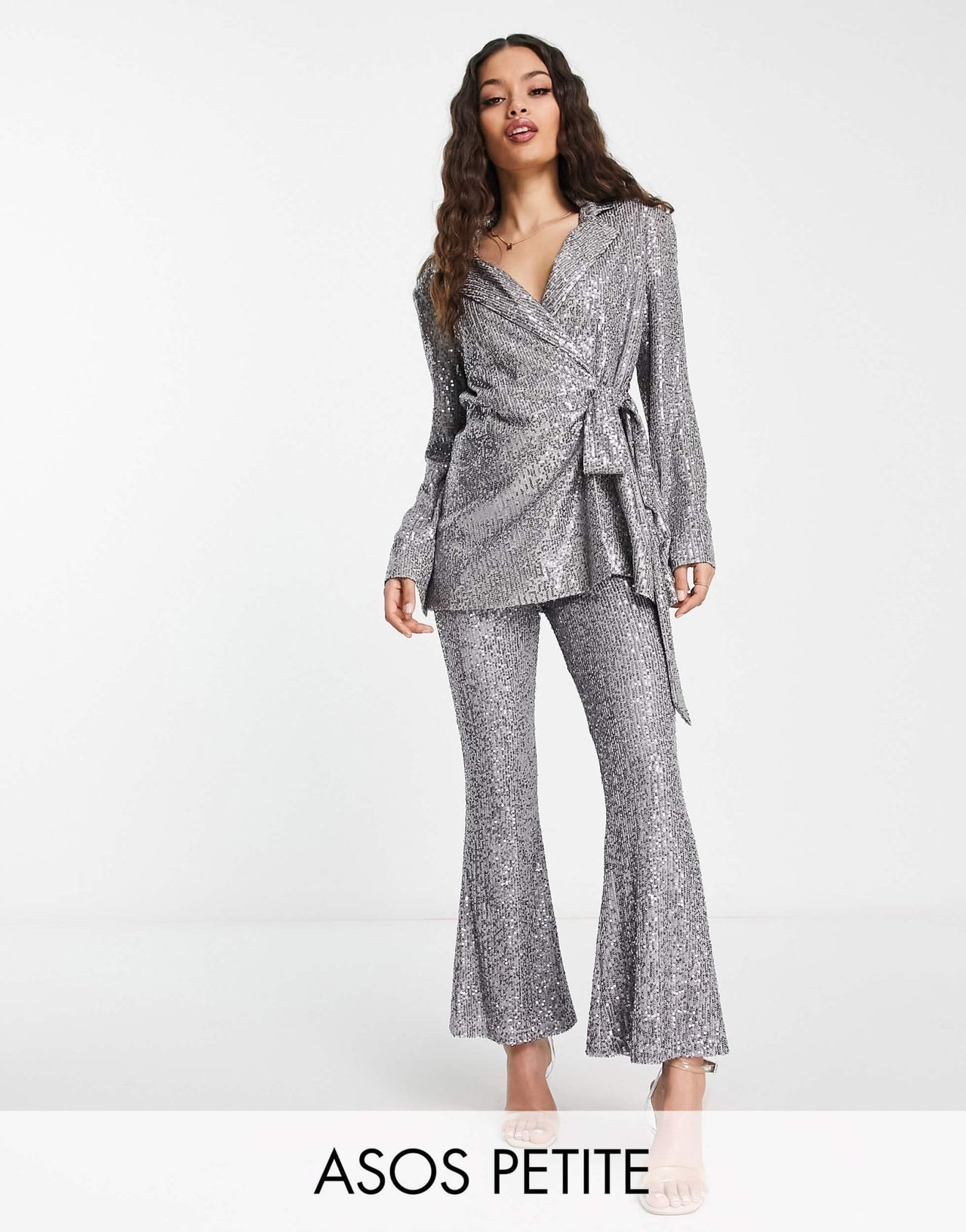 ASOS DESIGN Petite jersey sequin flare trouser in gunmetal - ASOS Sample Sale