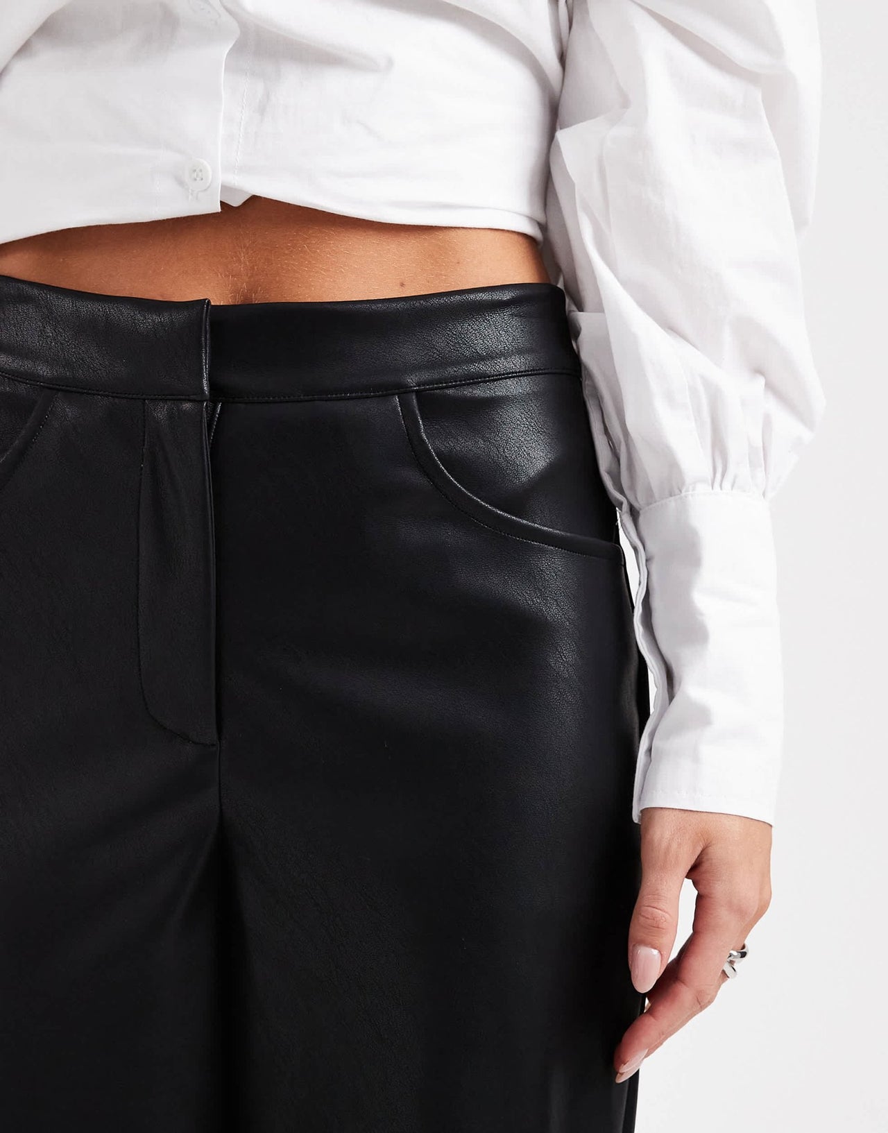 ASOS DESIGN Petite leather look wide leg trouser in black - ASOS Sample Sale
