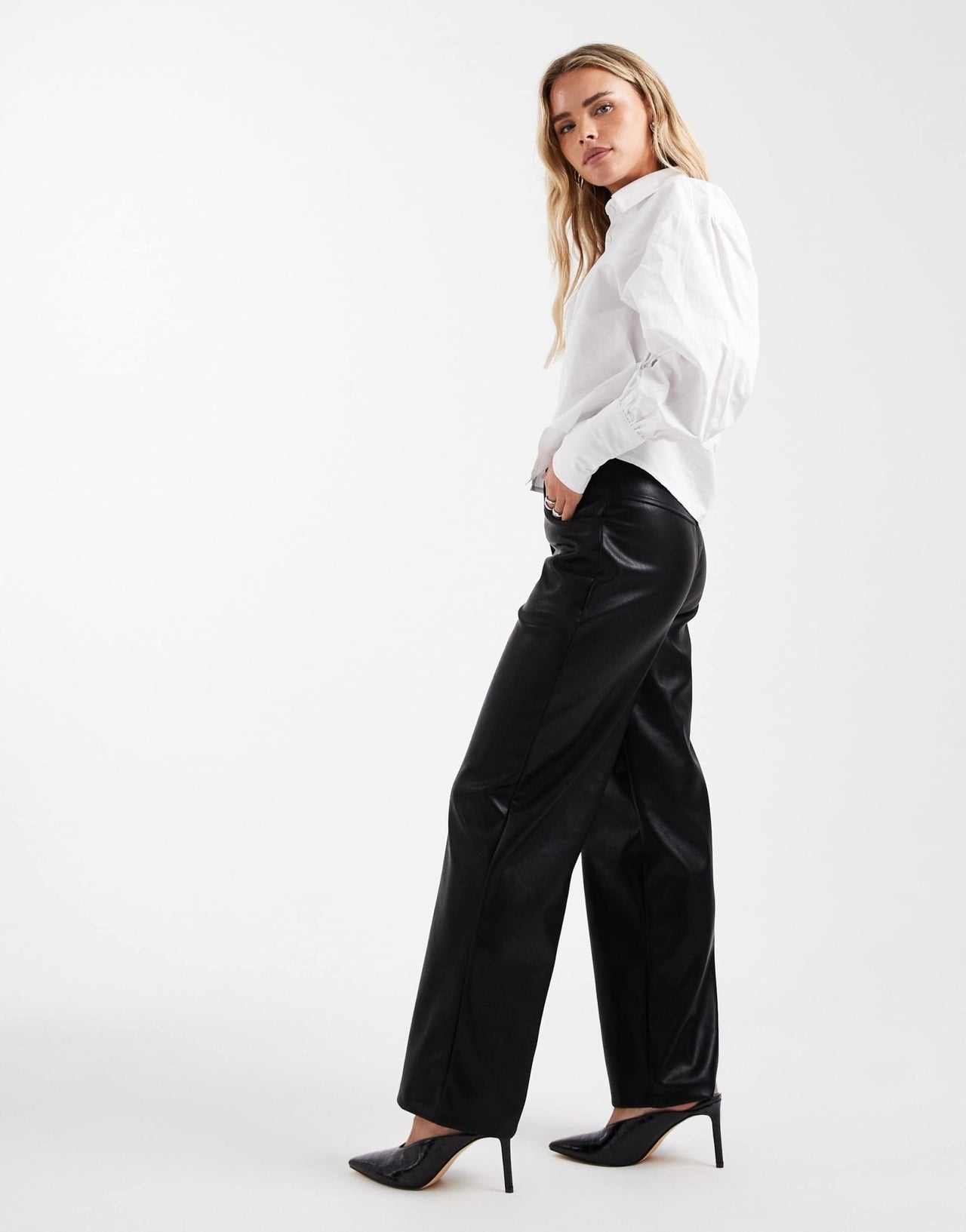ASOS DESIGN Petite leather look wide leg trouser in black - ASOS Sample Sale