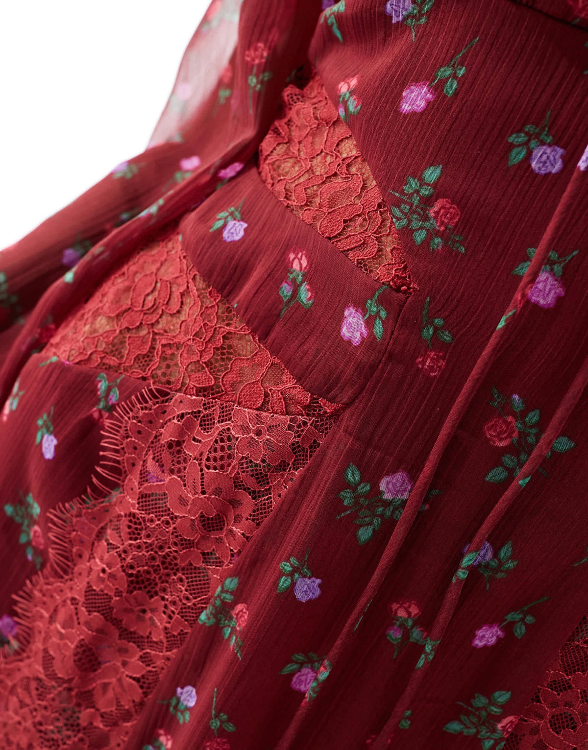 ASOS DESIGN Petite long sleeve tie front midi dress with lace inserts in burgundy ditsy floral - ASOS Sample Sale
