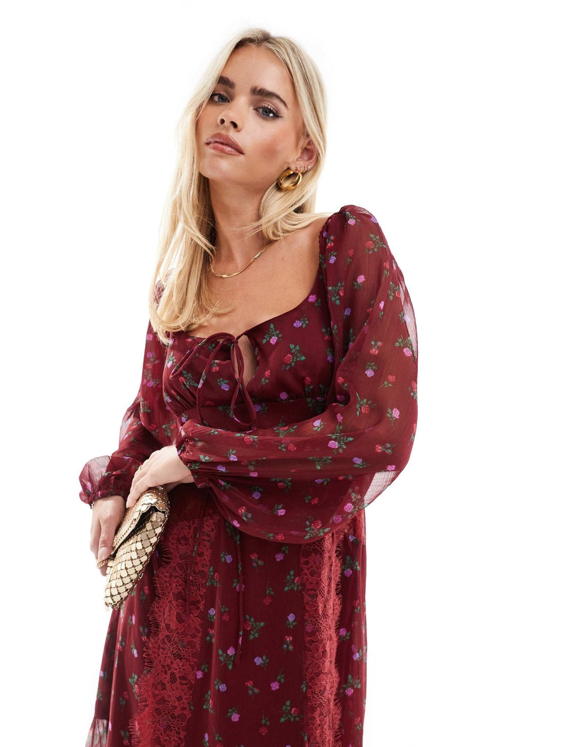 ASOS DESIGN Petite long sleeve tie front midi dress with lace inserts in burgundy ditsy floral - ASOS Sample Sale