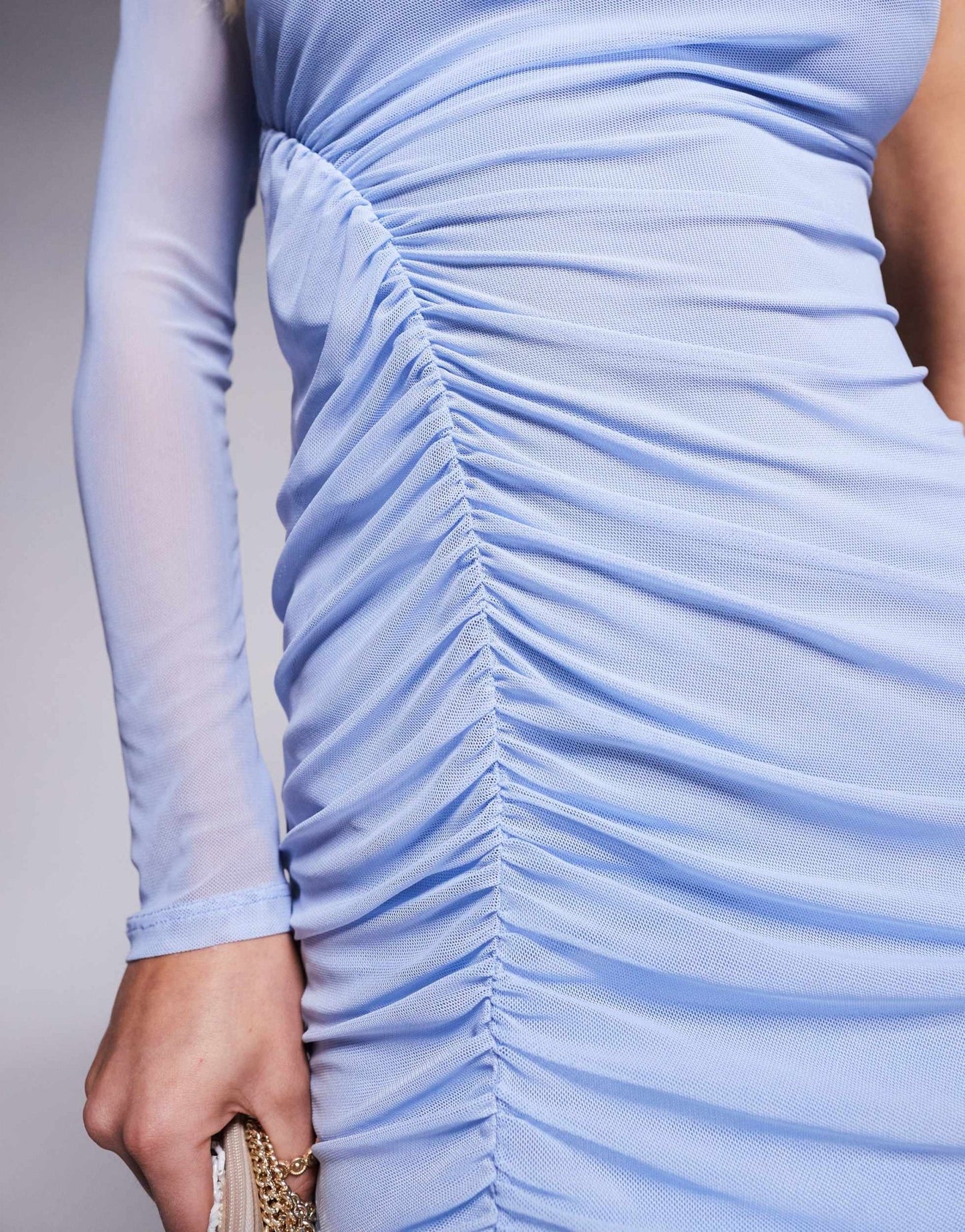 ASOS DESIGN Petite mesh one sleeve asymmetric midi dress with channelled strap detail in pale blue - ASOS Sample Sale