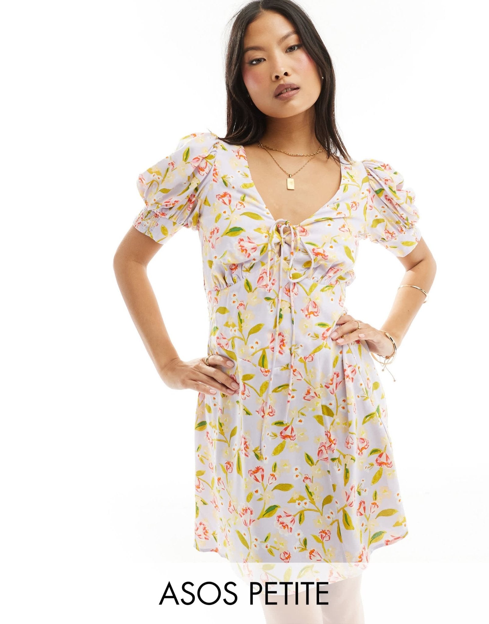 ASOS DESIGN Petite milkmaid tie up mini dress in lilac print - ASOS Sample Sale