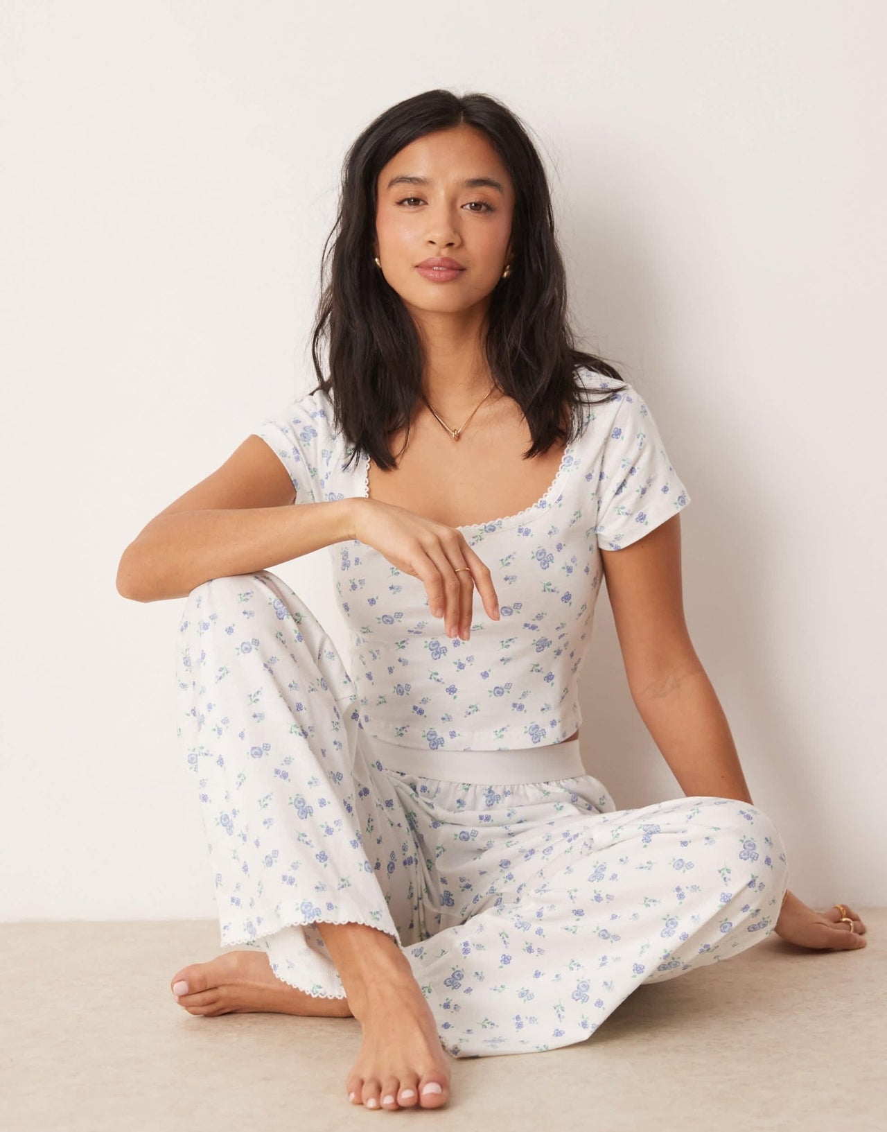 ASOS DESIGN Petite mix & match pyjama trouser with exposed waistband and picot trim in ditsy print - ASOS Sample Sale
