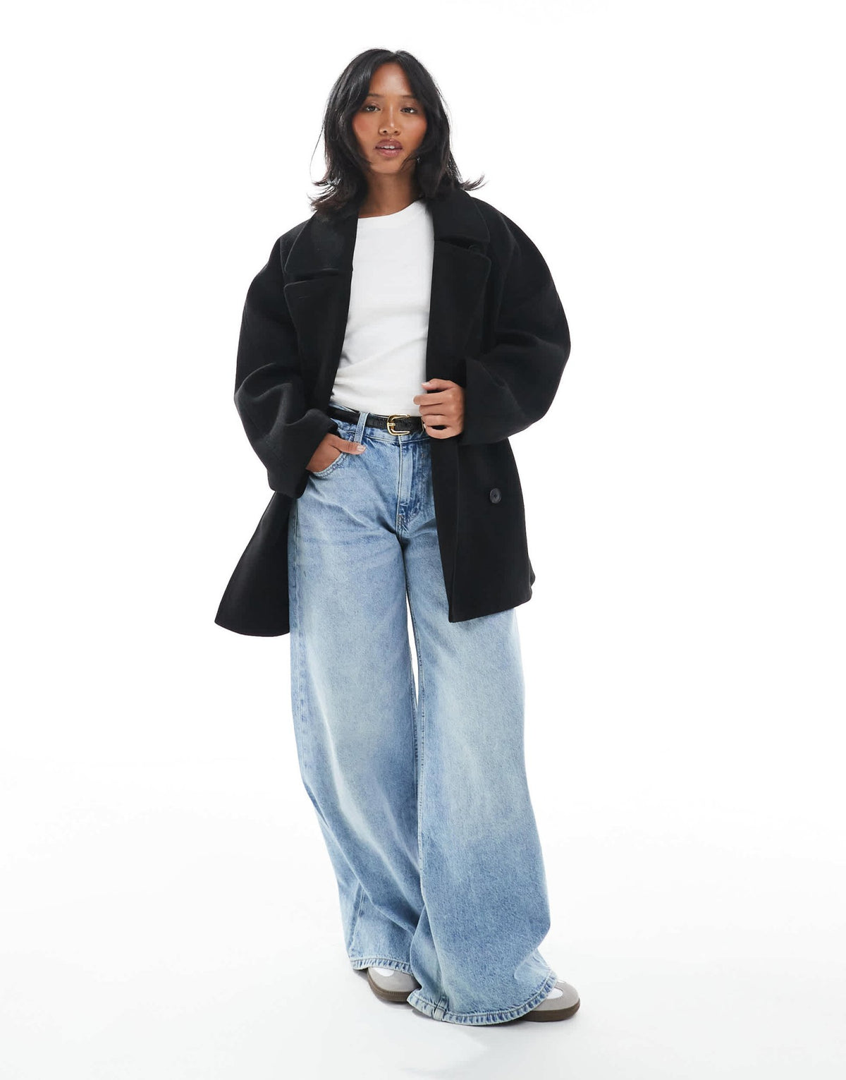 ASOS DESIGN Petite oversized mid length pea coat in black - ASOS Sample Sale