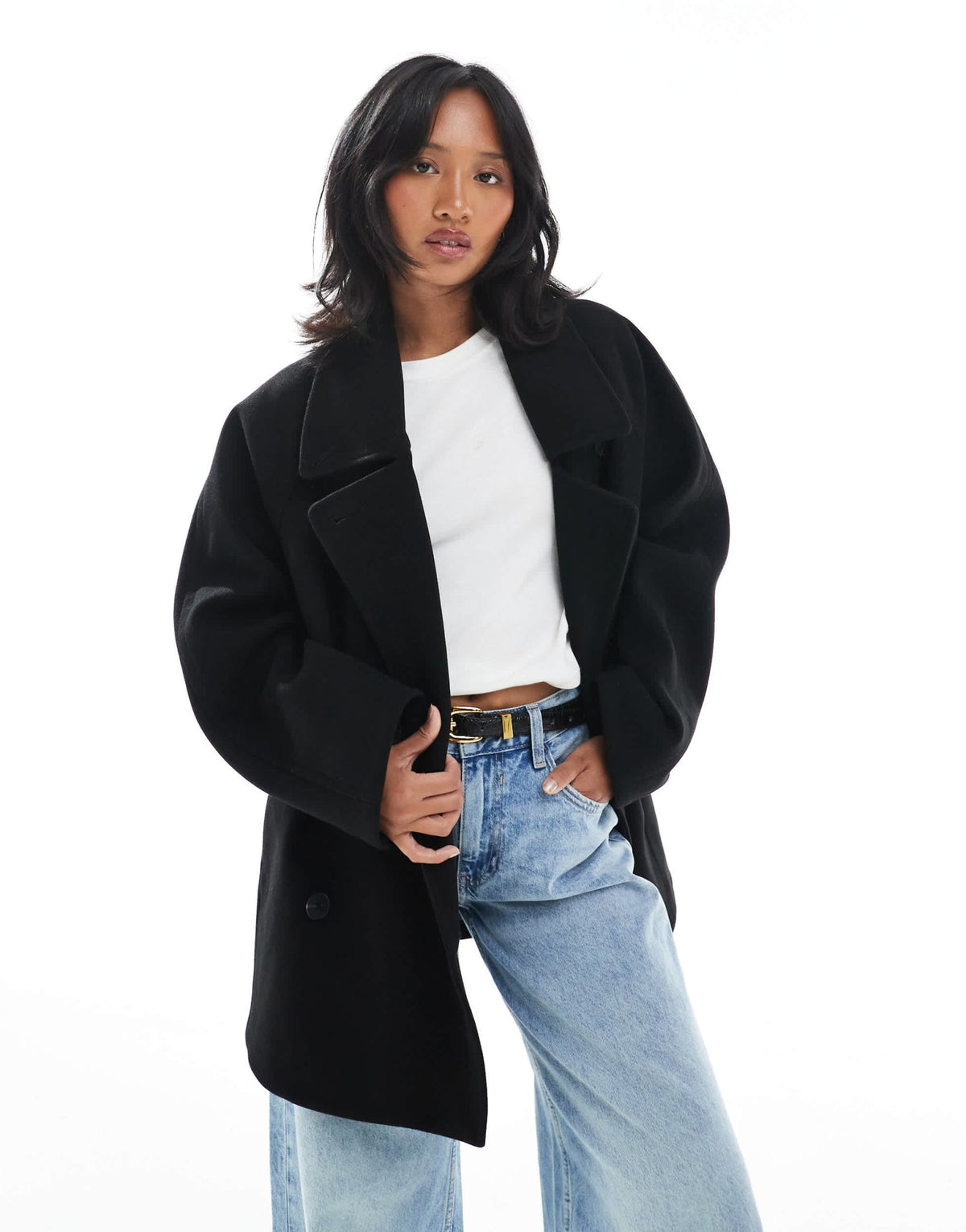 ASOS DESIGN Petite oversized mid length pea coat in black - ASOS Sample Sale
