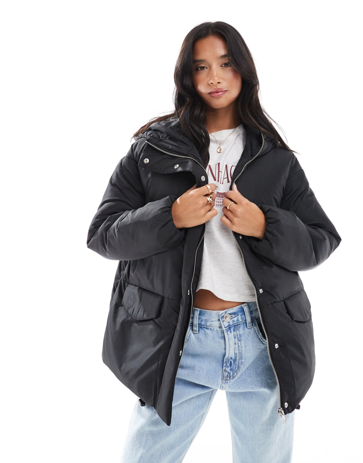ASOS DESIGN Petite oversized puffer jacket with hood in black - ASOS Sample Sale