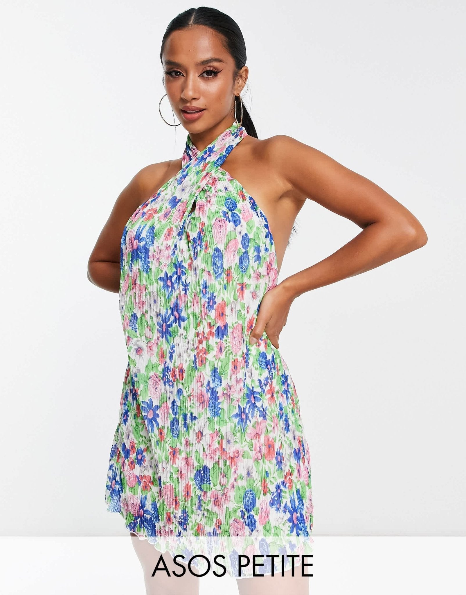 ASOS DESIGN Petite plisse halter mini dress in bright floral print - ASOS Sample Sale