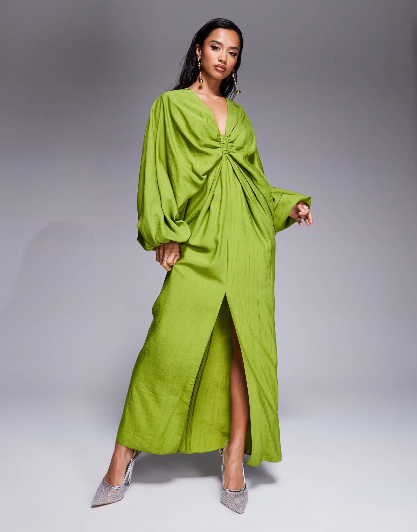 ASOS DESIGN Petite plunge elasticated maxi dress with blouson sleeve in lime green - ASOS Sample Sale