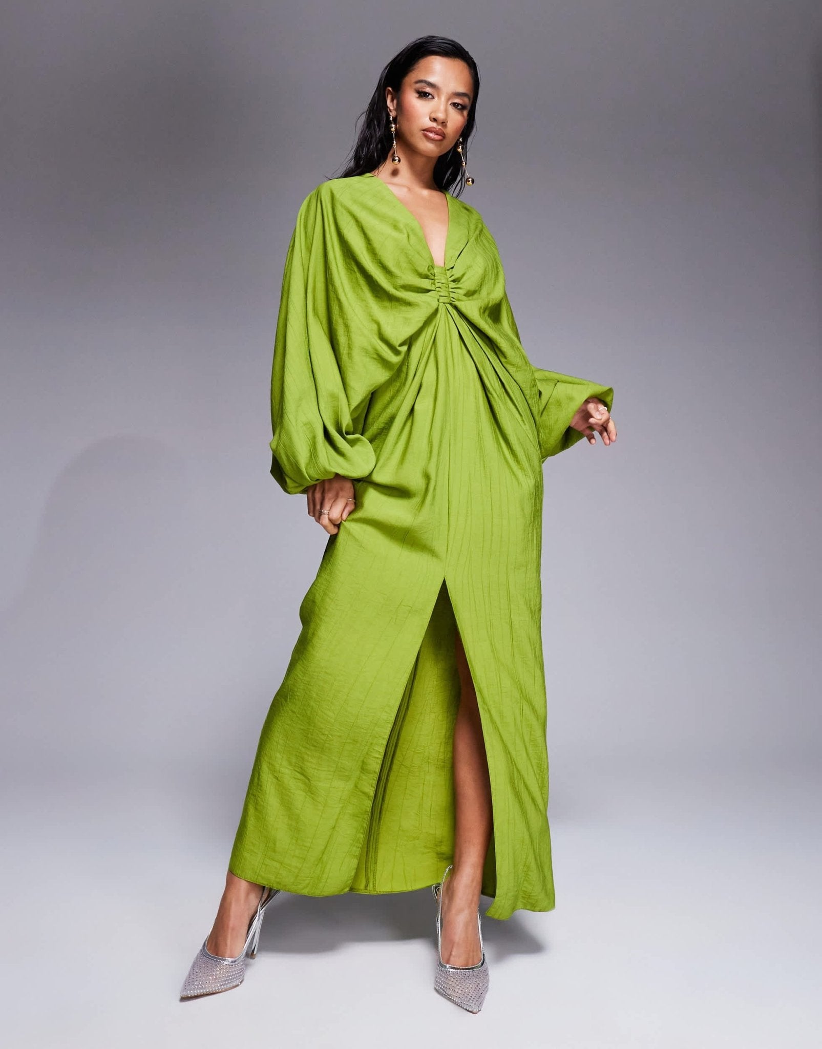 ASOS DESIGN Petite plunge elasticated maxi dress with blouson sleeve in lime green - ASOS Sample Sale