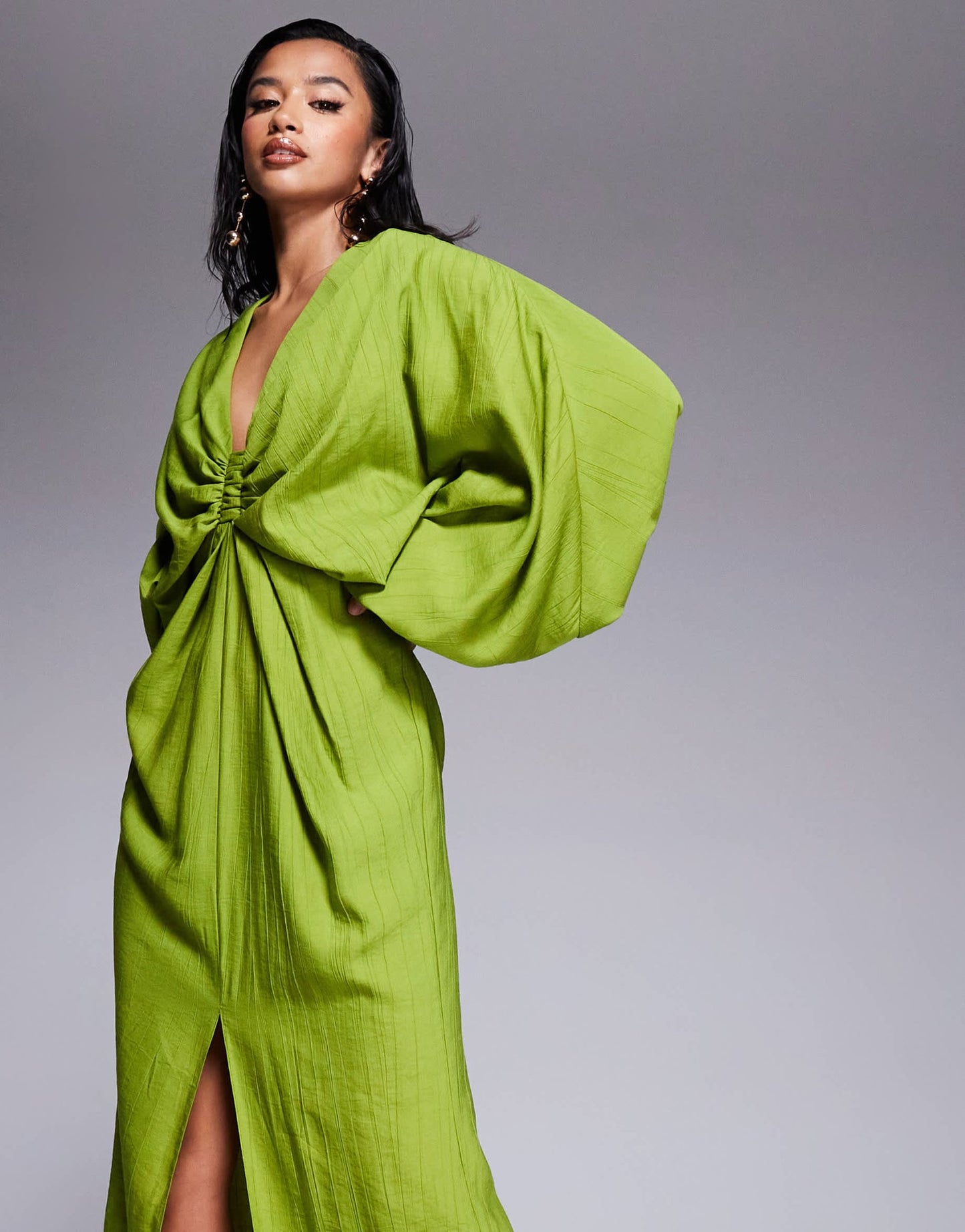ASOS DESIGN Petite plunge elasticated maxi dress with blouson sleeve in lime green - ASOS Sample Sale