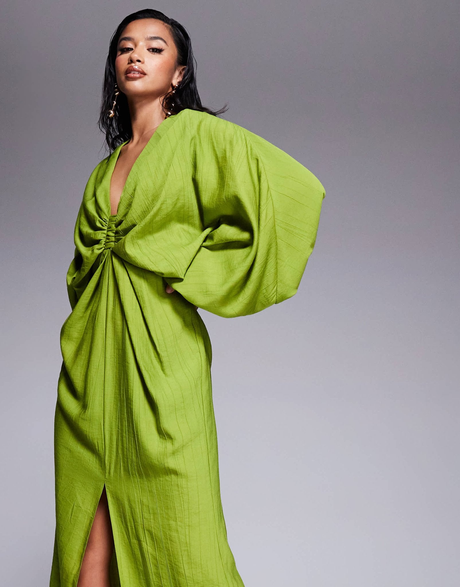 ASOS DESIGN Petite plunge elasticated maxi dress with blouson sleeve in lime green - ASOS Sample Sale