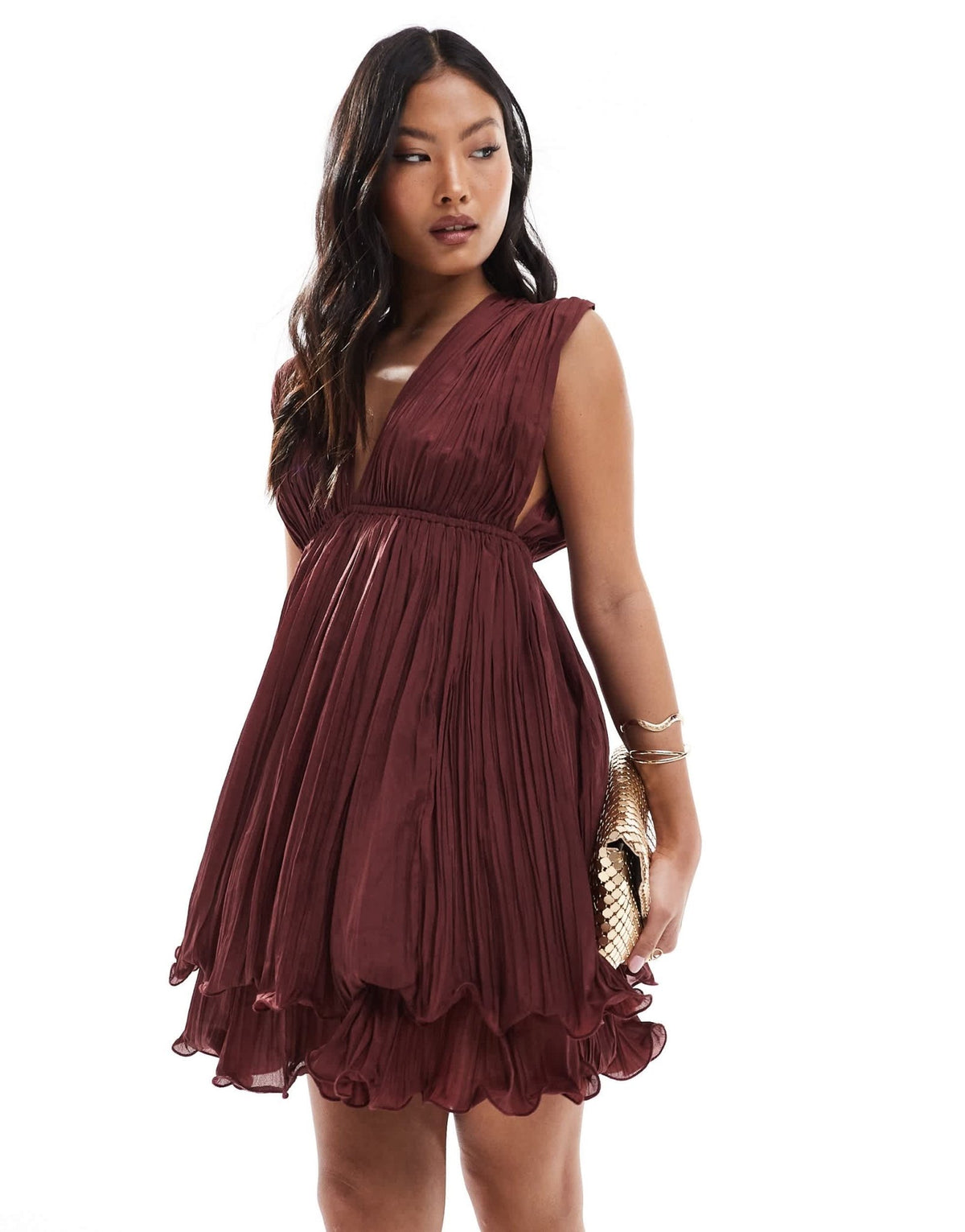 ASOS DESIGN Petite plunge pleated mini skater dress in cherry red - ASOS Sample Sale