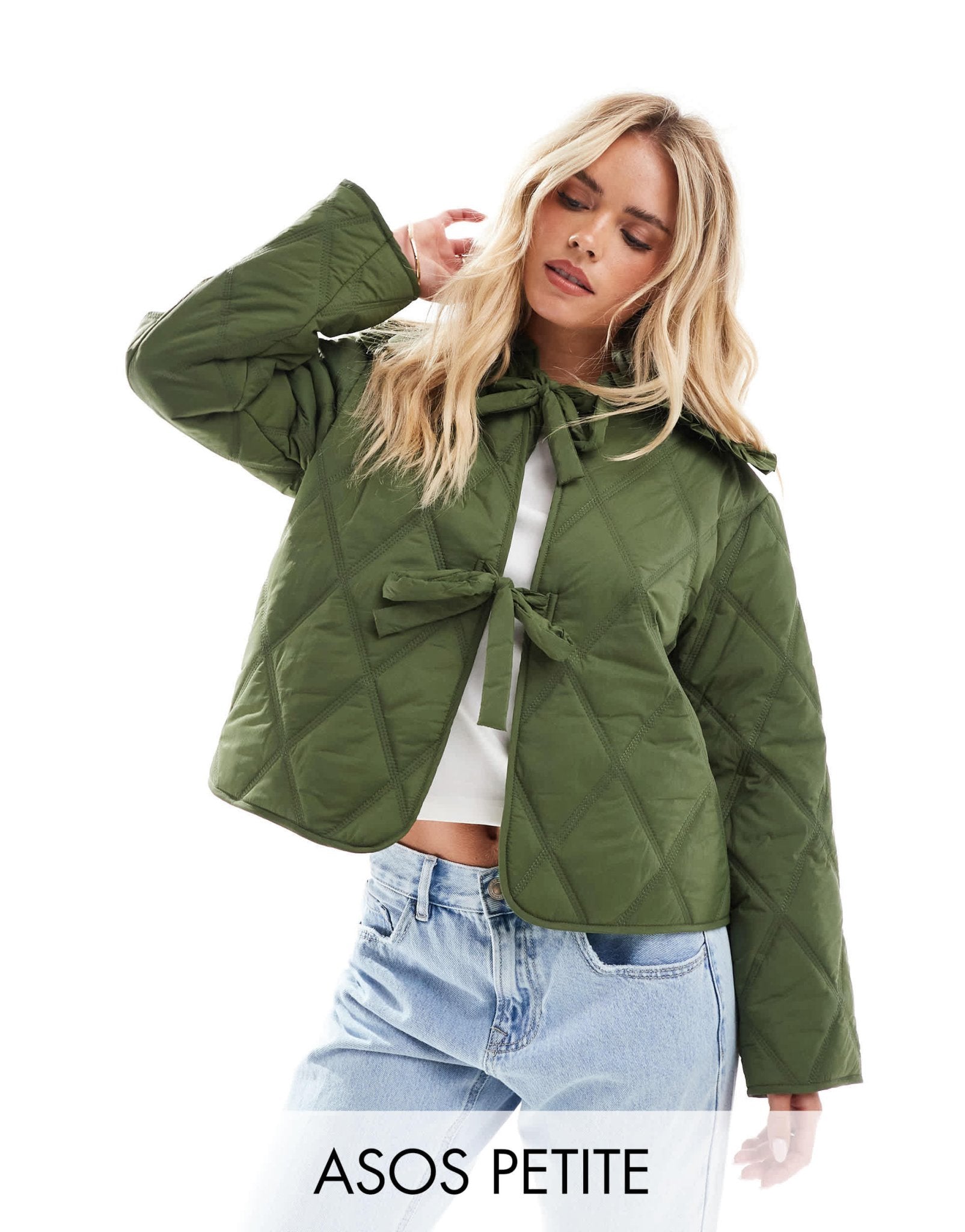 ASOS DESIGN Petite quilted frill collar jacket with tie front in khaki - ASOS Sample Sale