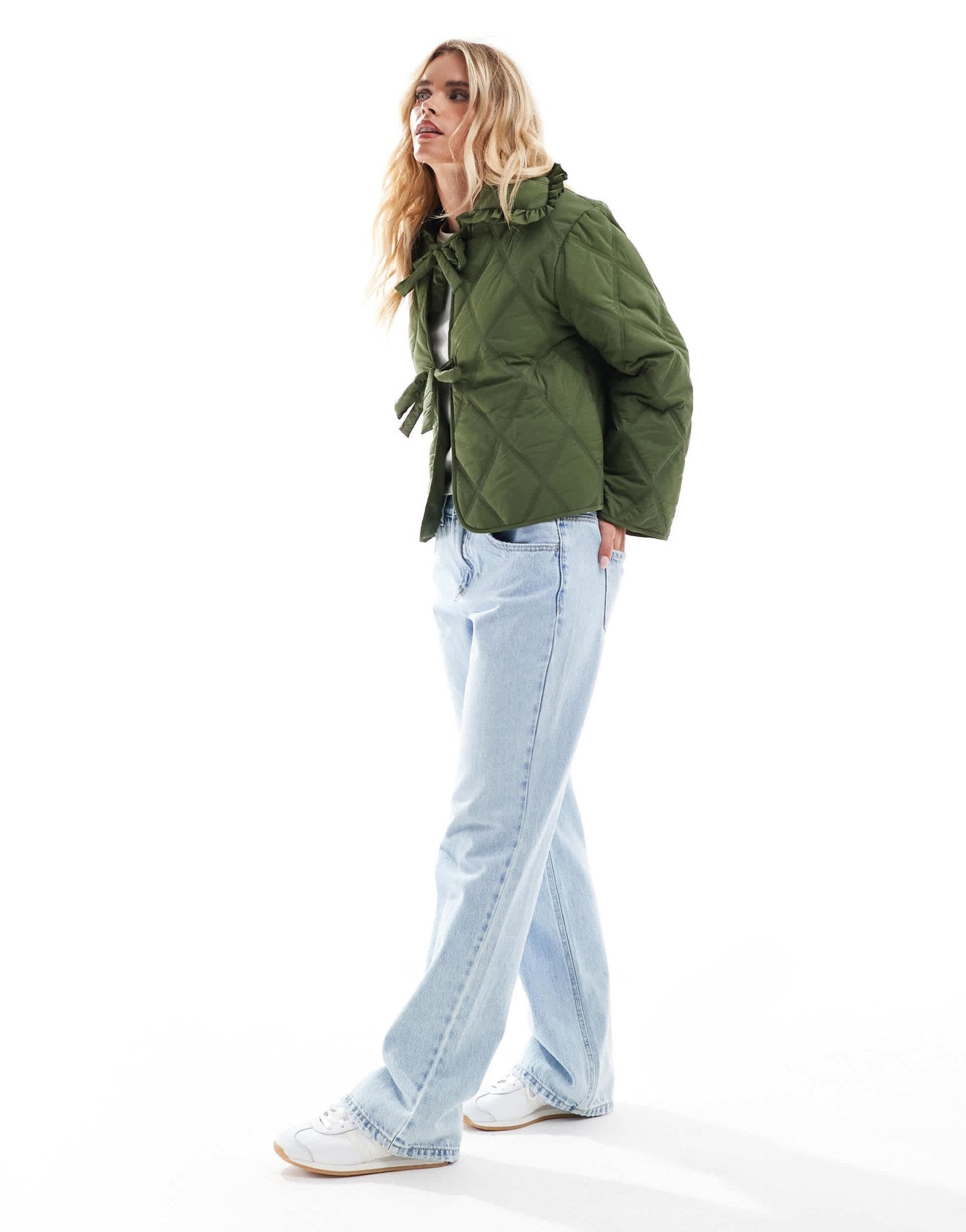 ASOS DESIGN Petite quilted frill collar jacket with tie front in khaki - ASOS Sample Sale