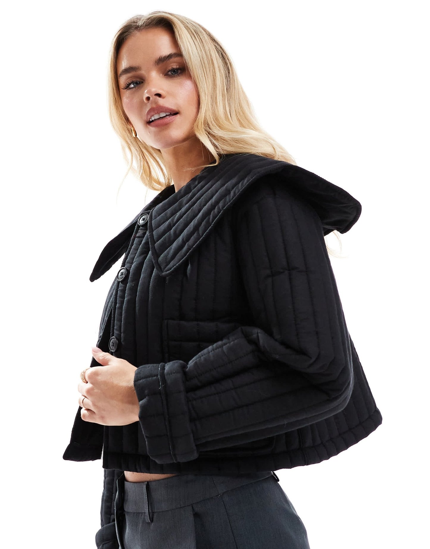 ASOS DESIGN Petite quilted jacket with collar in black - ASOS Sample Sale