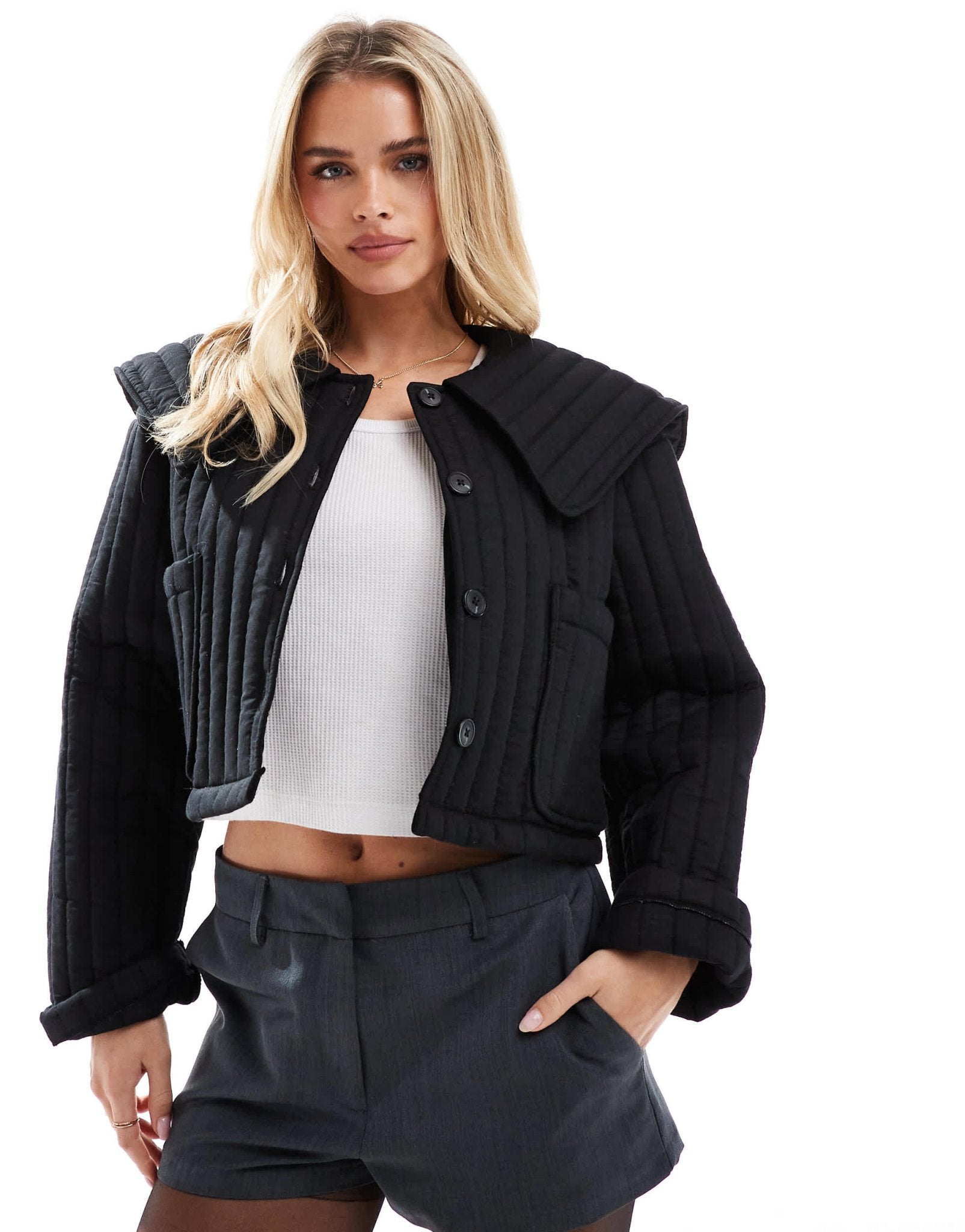 ASOS DESIGN Petite quilted jacket with collar in black - ASOS Sample Sale