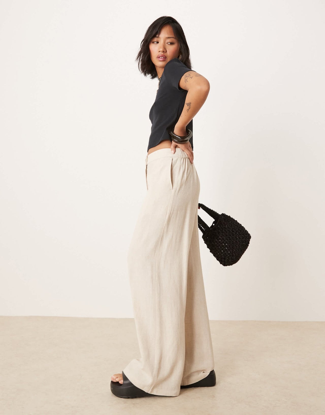 ASOS DESIGN Petite relaxed straight leg trousers with linen in natural - ASOS Sample Sale