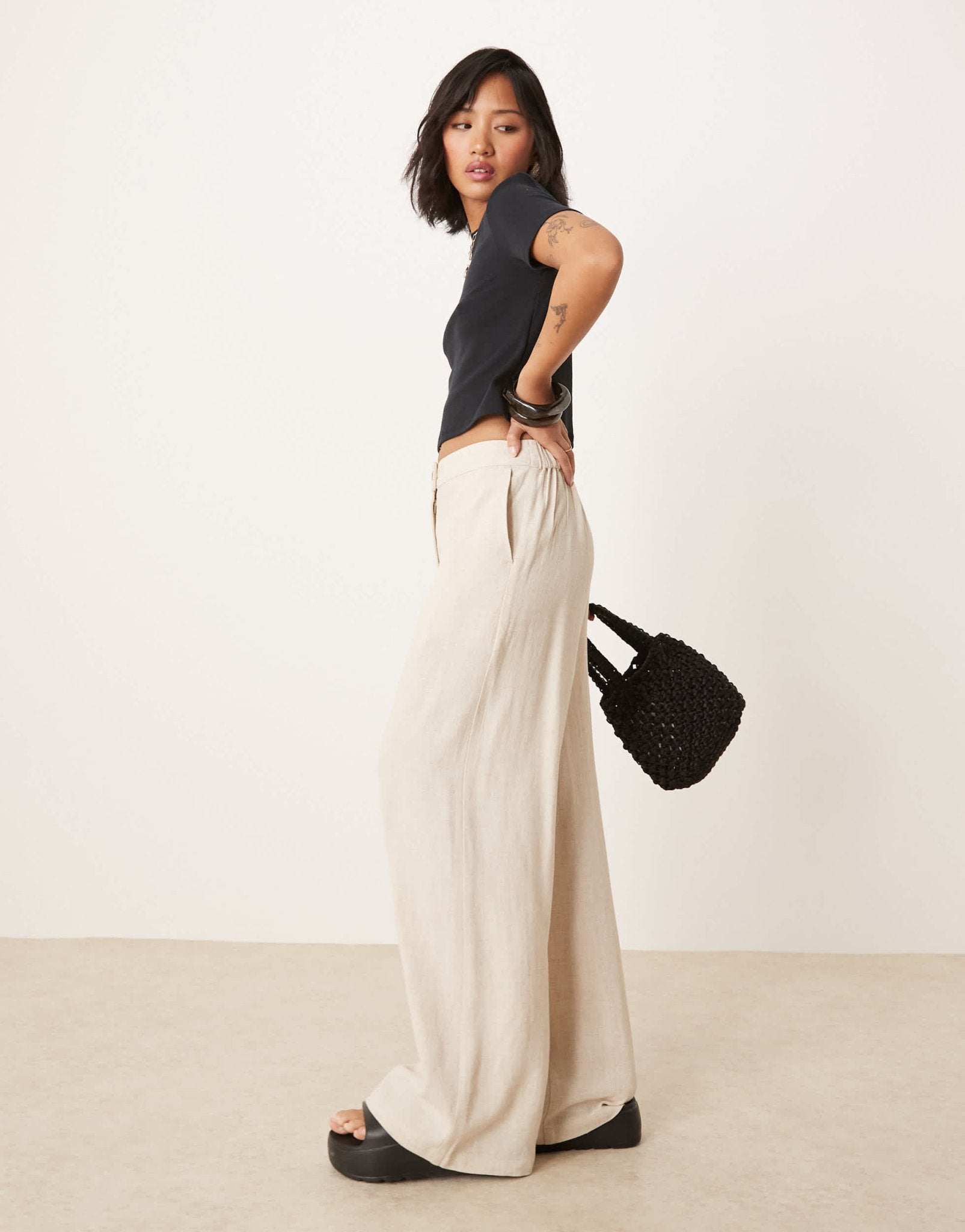 ASOS DESIGN Petite relaxed straight leg trousers with linen in natural - ASOS Sample Sale