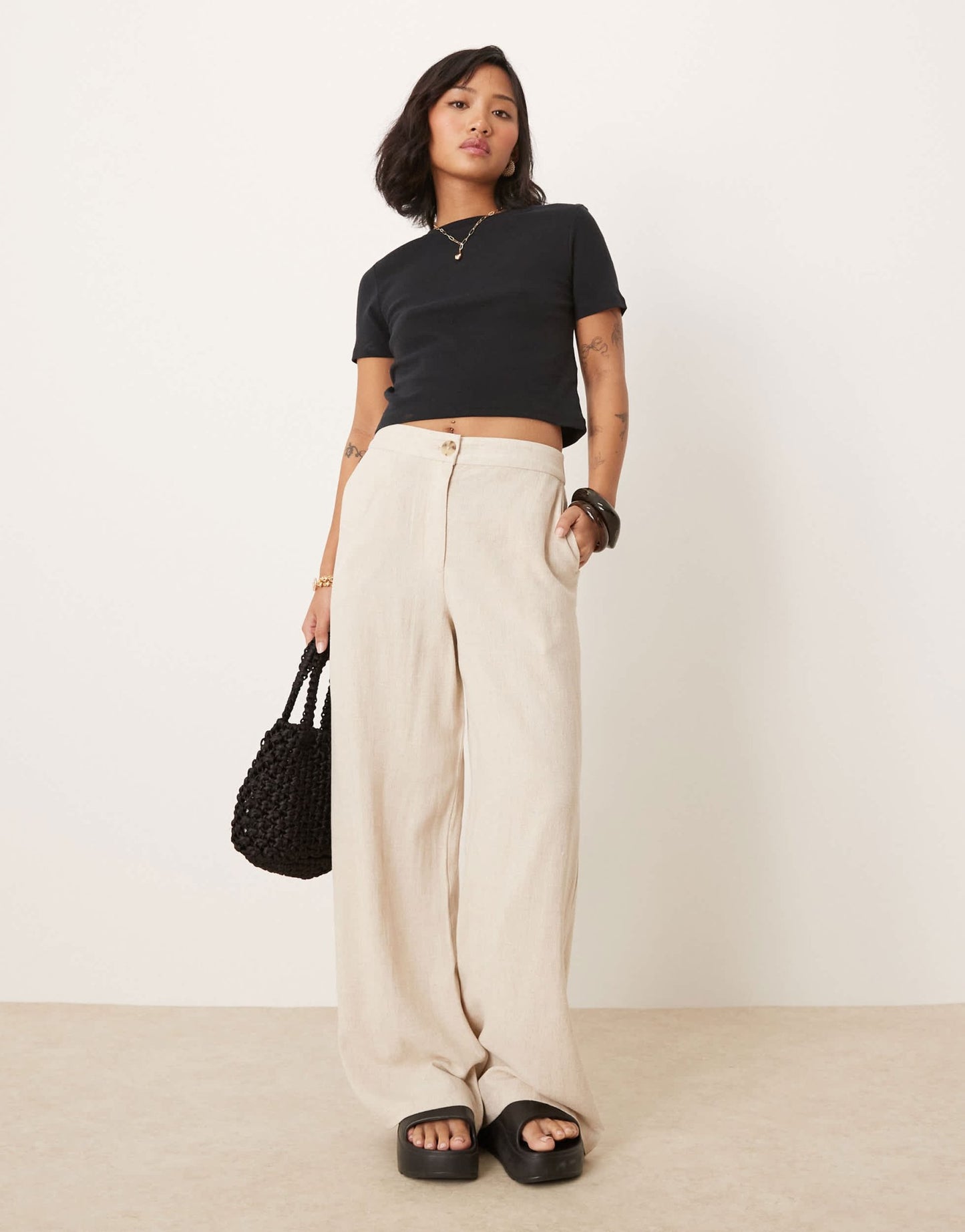 ASOS DESIGN Petite relaxed straight leg trousers with linen in natural - ASOS Sample Sale