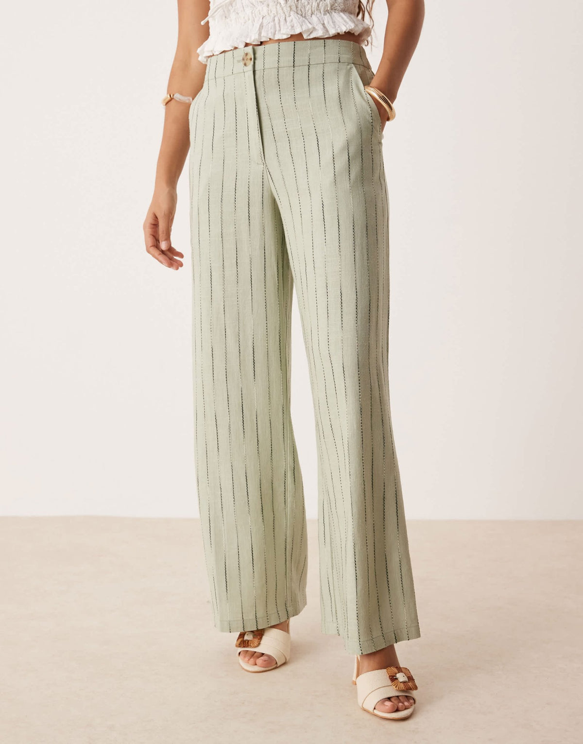 ASOS DESIGN Petite relaxed straight leg trousers with linen in sage squiggle stripe - ASOS Sample Sale