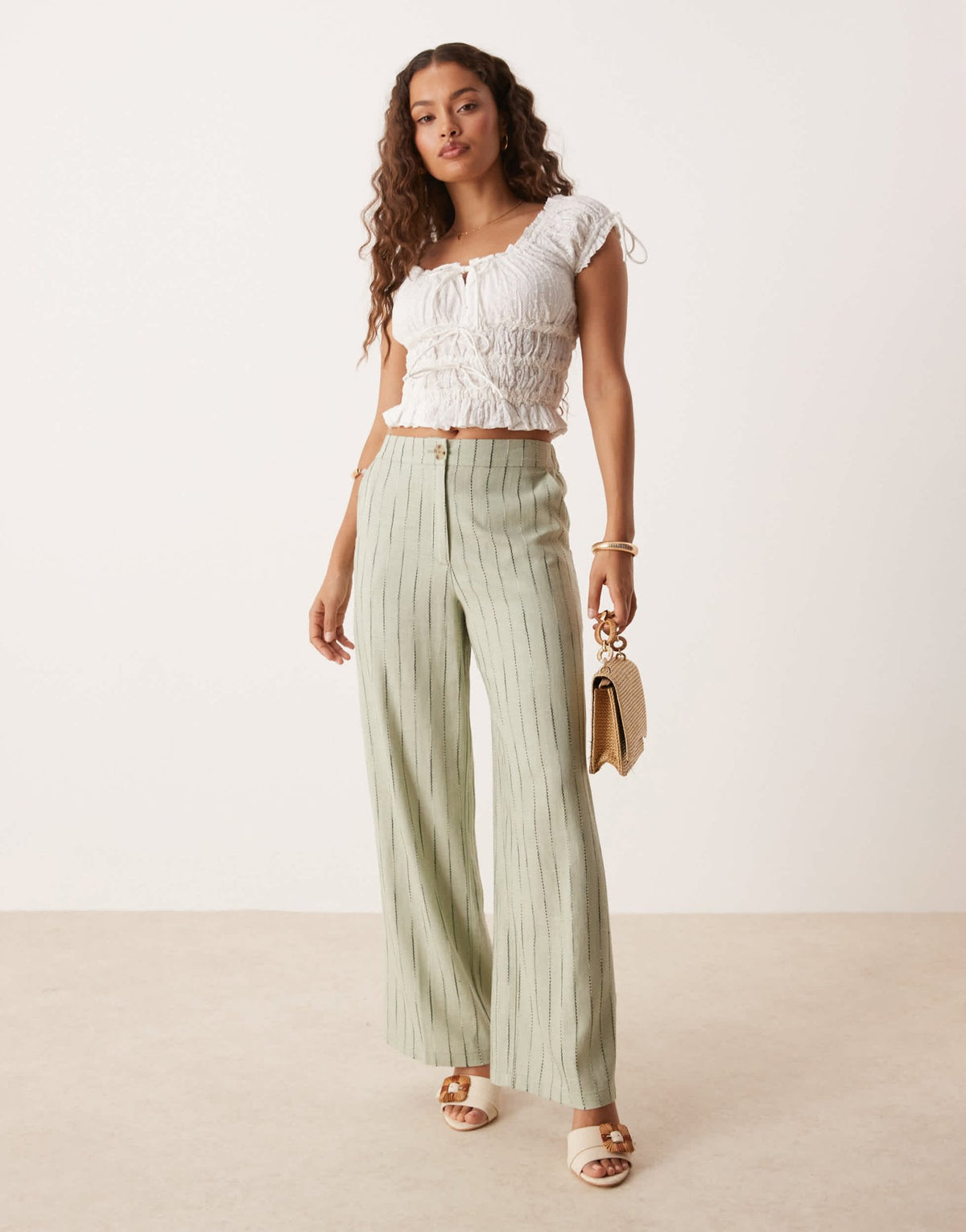 ASOS DESIGN Petite relaxed straight leg trousers with linen in sage squiggle stripe - ASOS Sample Sale
