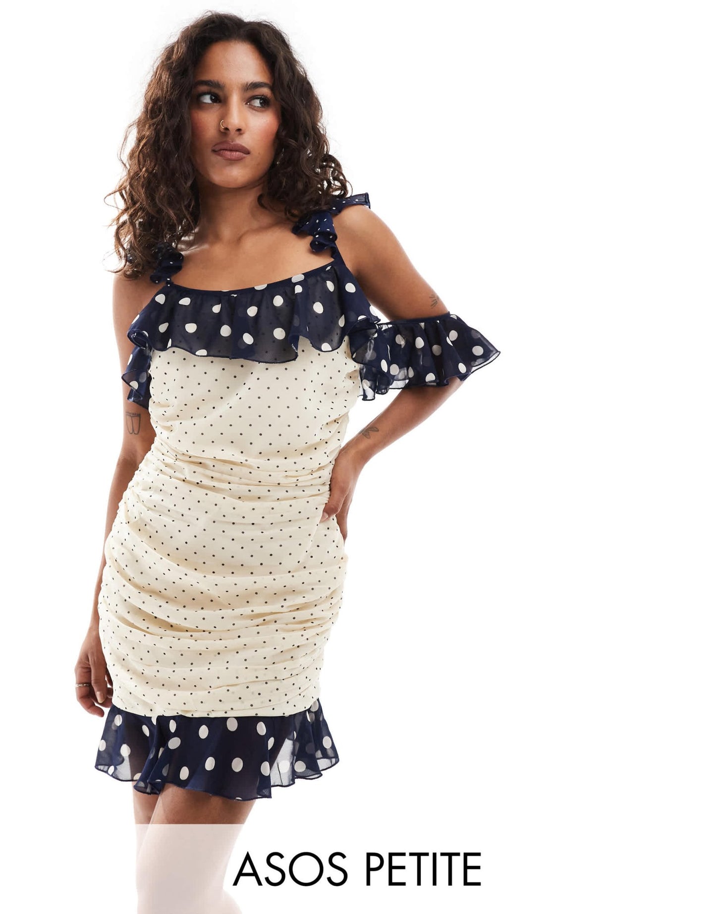 ASOS DESIGN Petite ruched mini dress with frill detail in mixed spot print - ASOS Sample Sale