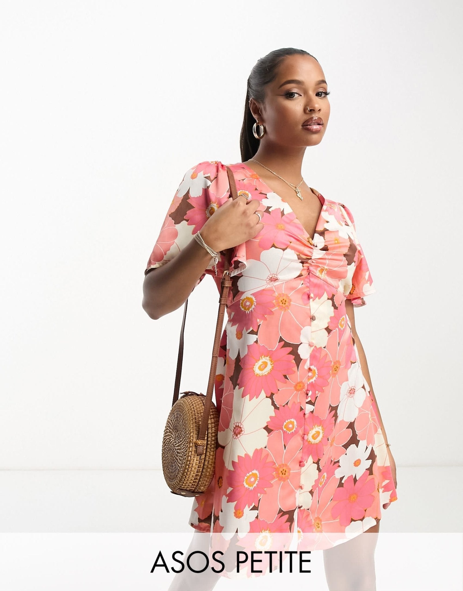 ASOS DESIGN Petite satin button through mini tea dress with flutter sleeve in retro floral print - ASOS Sample Sale
