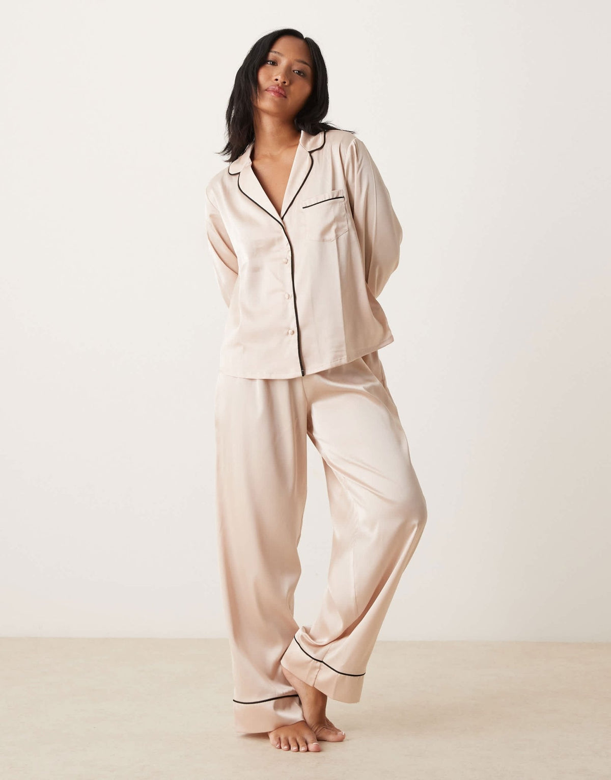 ASOS DESIGN Petite satin shirt & trouser pyjama set in champagne pink - ASOS Sample Sale