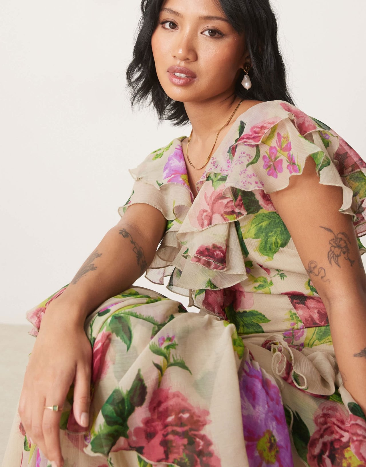 ASOS DESIGN Petite scoop neck flutter sleeve ruffle tiered midaxi dress in lilac floral print - ASOS Sample Sale
