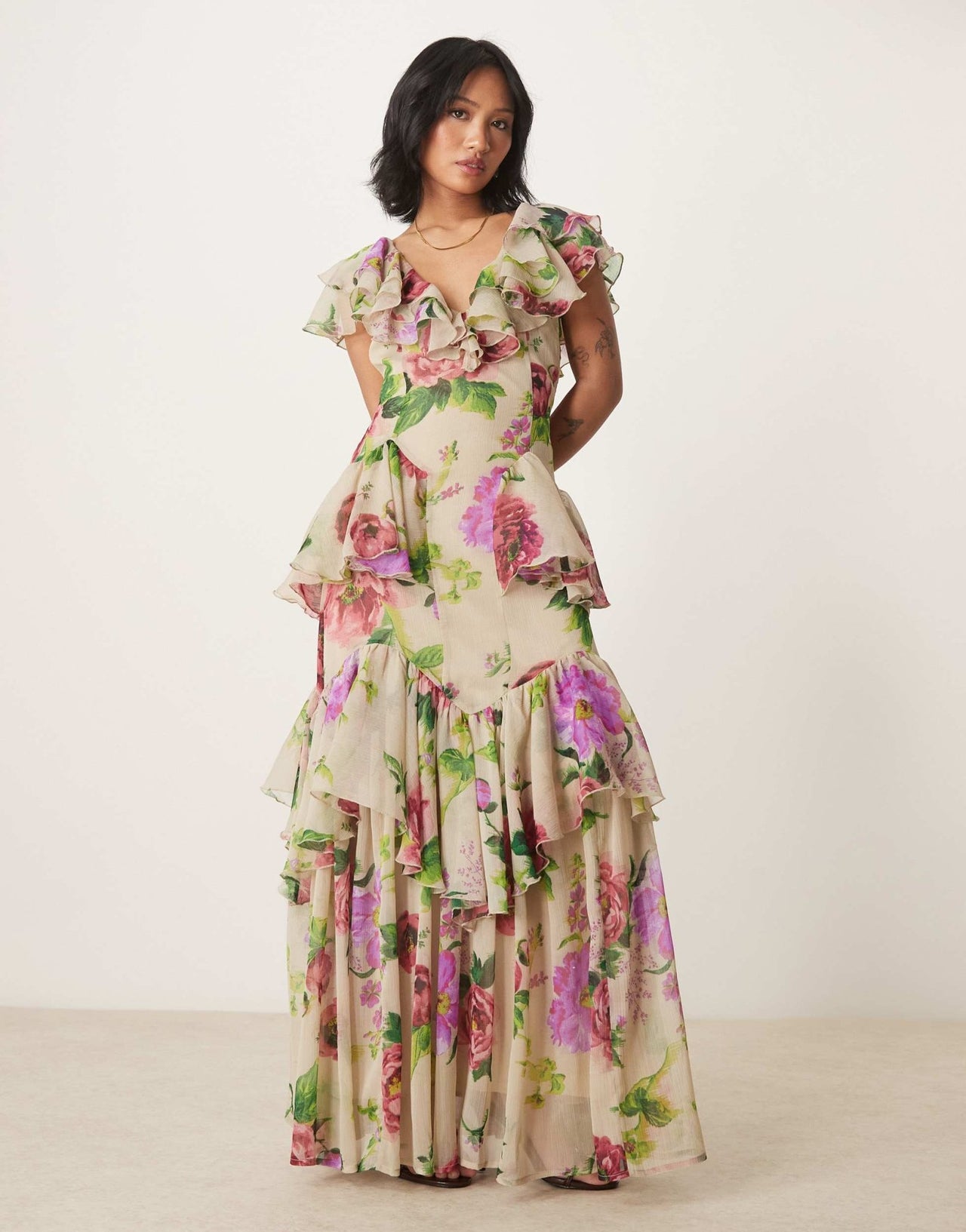 ASOS DESIGN Petite scoop neck flutter sleeve ruffle tiered midaxi dress in lilac floral print - ASOS Sample Sale