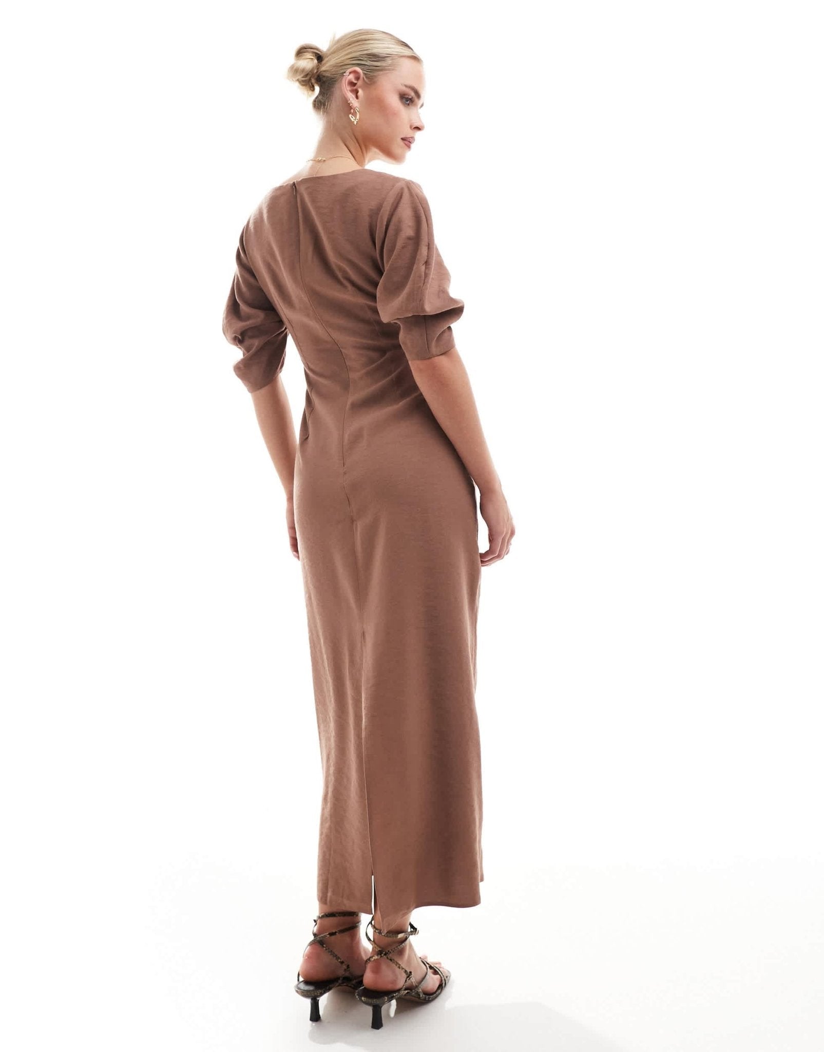 ASOS DESIGN Petite scoop neck pleated waist midi dress in mocha - ASOS Sample Sale