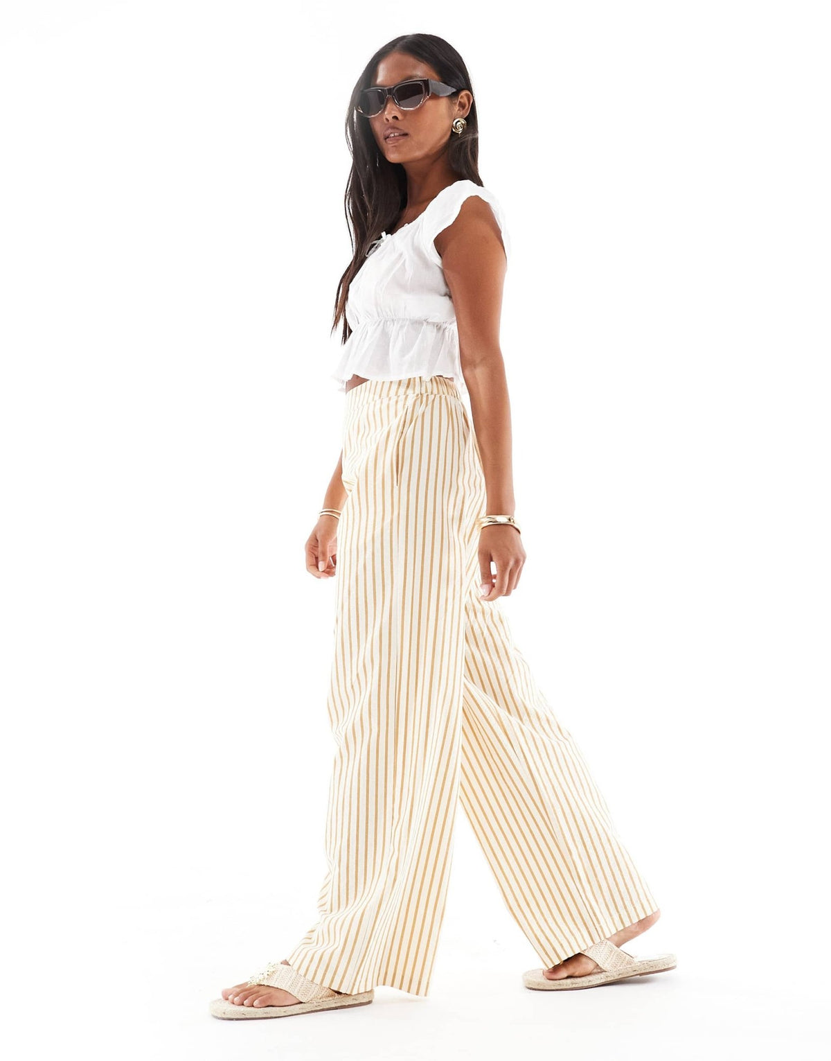 ASOS DESIGN Petite seersucker pull on straight leg trousers in brown stripe - ASOS Sample Sale