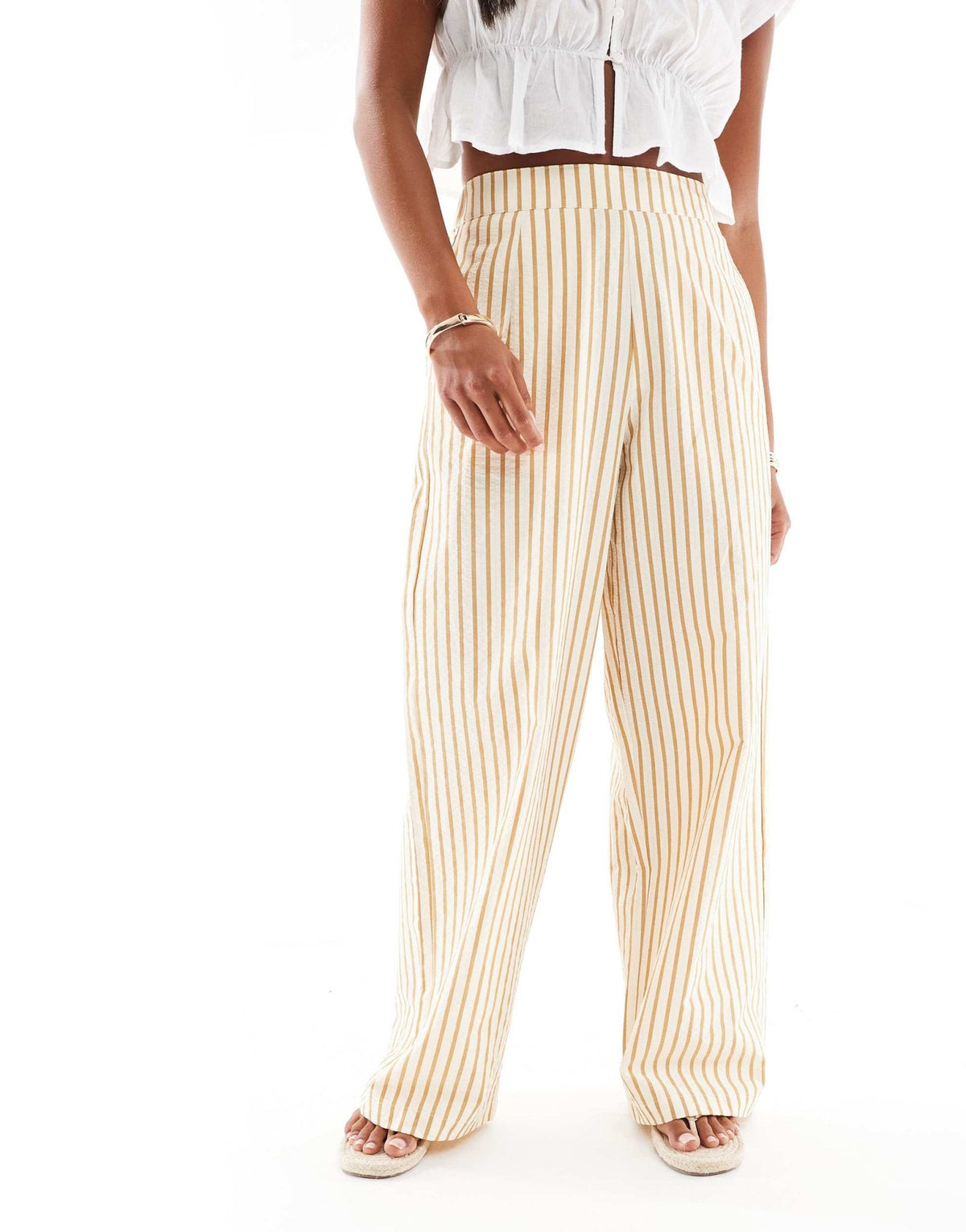 ASOS DESIGN Petite seersucker pull on straight leg trousers in brown stripe - ASOS Sample Sale