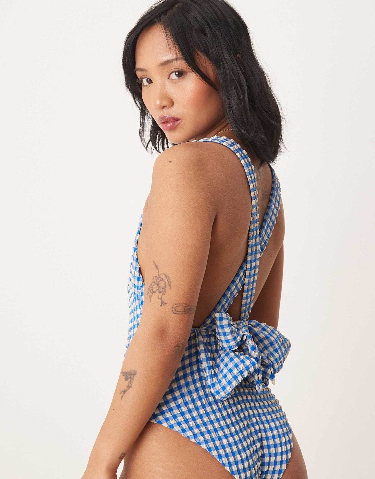 ASOS DESIGN Petite seersucker scoop swimsuit with giant bow back detail in blue gingham - ASOS Sample Sale