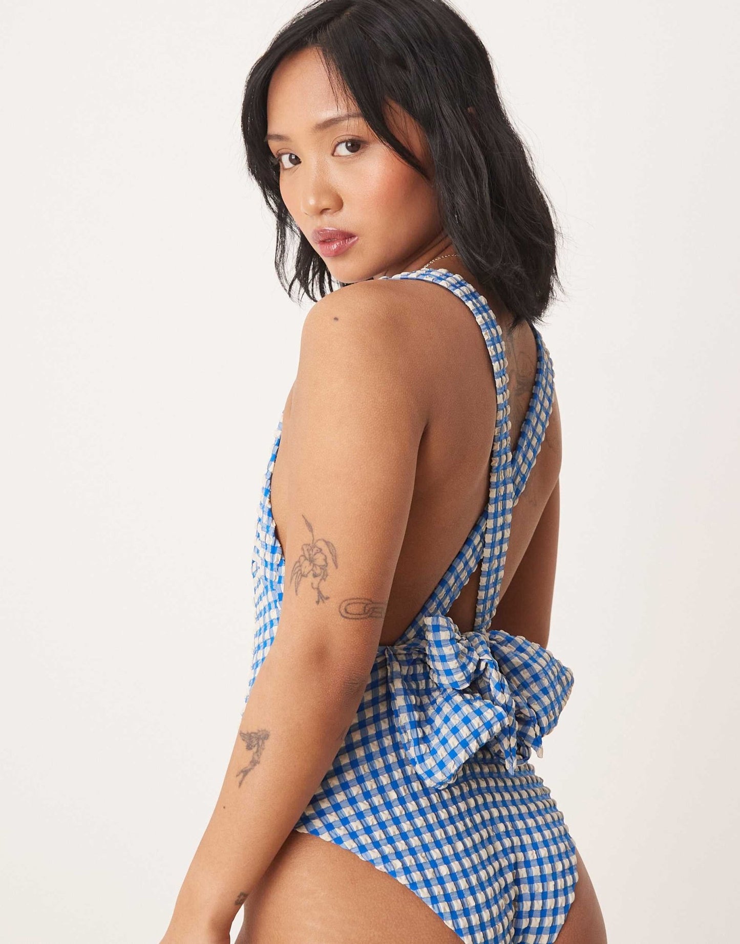 ASOS DESIGN Petite seersucker scoop swimsuit with giant bow back detail in blue gingham - ASOS Sample Sale