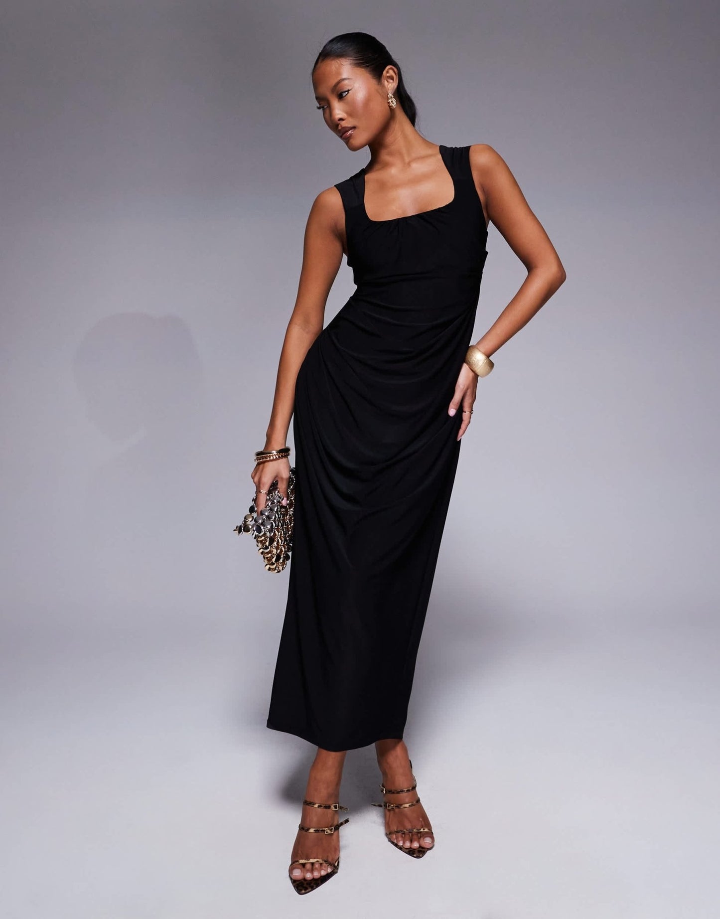 ASOS DESIGN Petite shaped neckline wide strap with draped skirt midi dress in black - ASOS Sample Sale