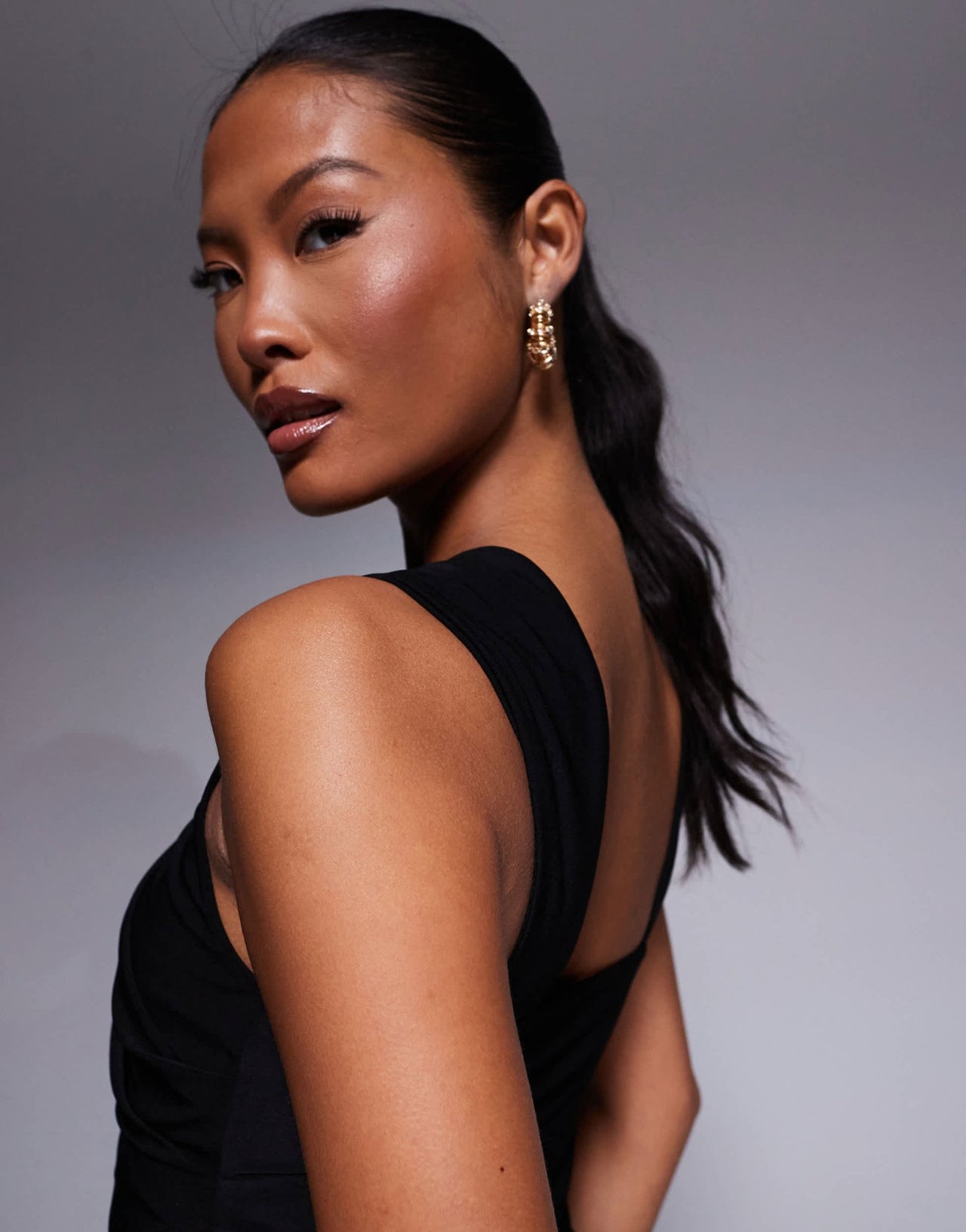 ASOS DESIGN Petite shaped neckline wide strap with draped skirt midi dress in black - ASOS Sample Sale