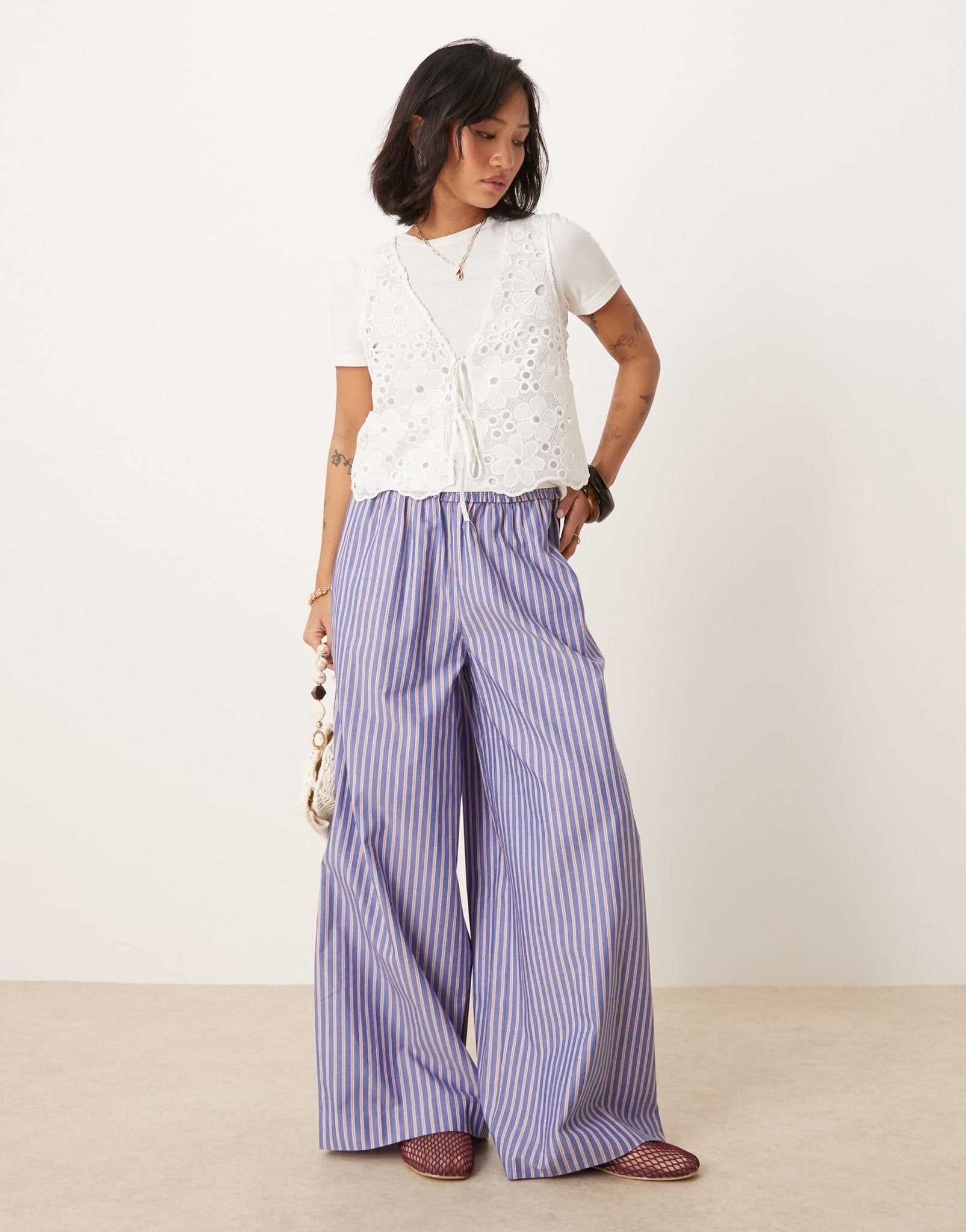 ASOS DESIGN Petite shirred waist trousers in blue and red stripe - ASOS Sample Sale