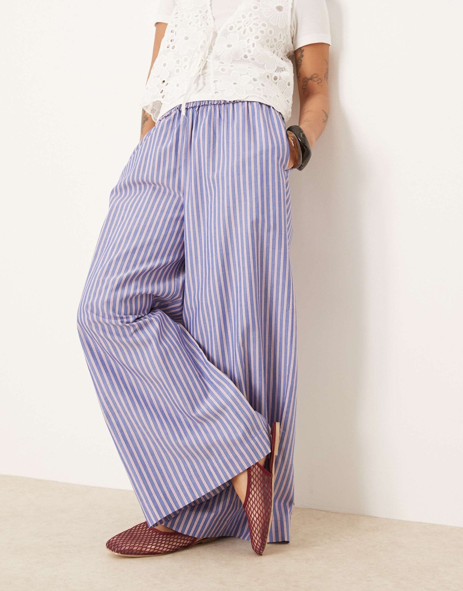 ASOS DESIGN Petite shirred waist trousers in blue and red stripe - ASOS Sample Sale