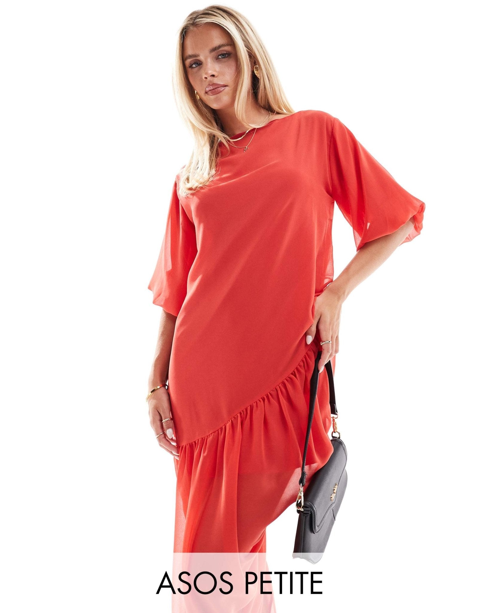 ASOS DESIGN Petite slash neck gathered asym midi dress in red - ASOS Sample Sale