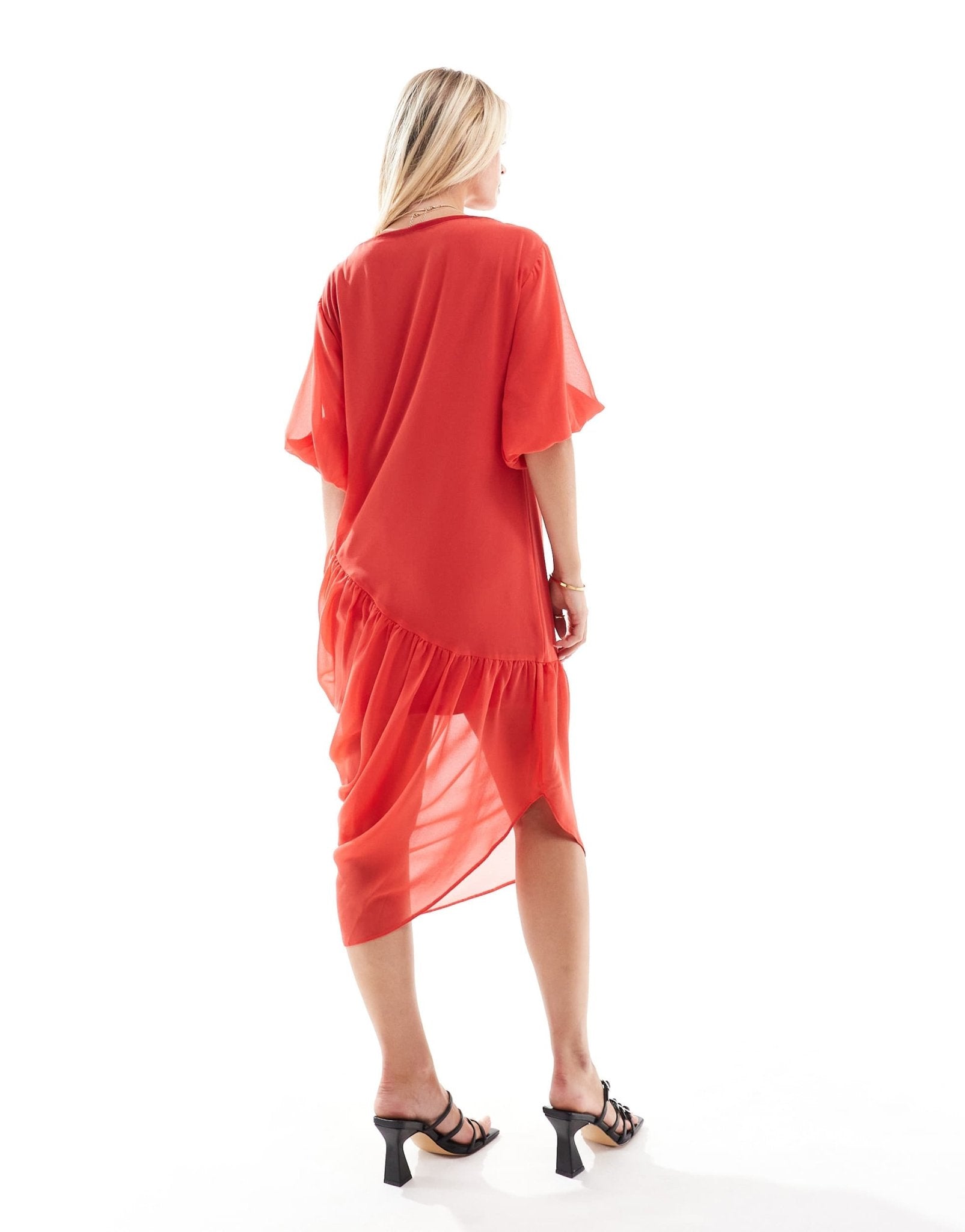 ASOS DESIGN Petite slash neck gathered asym midi dress in red - ASOS Sample Sale
