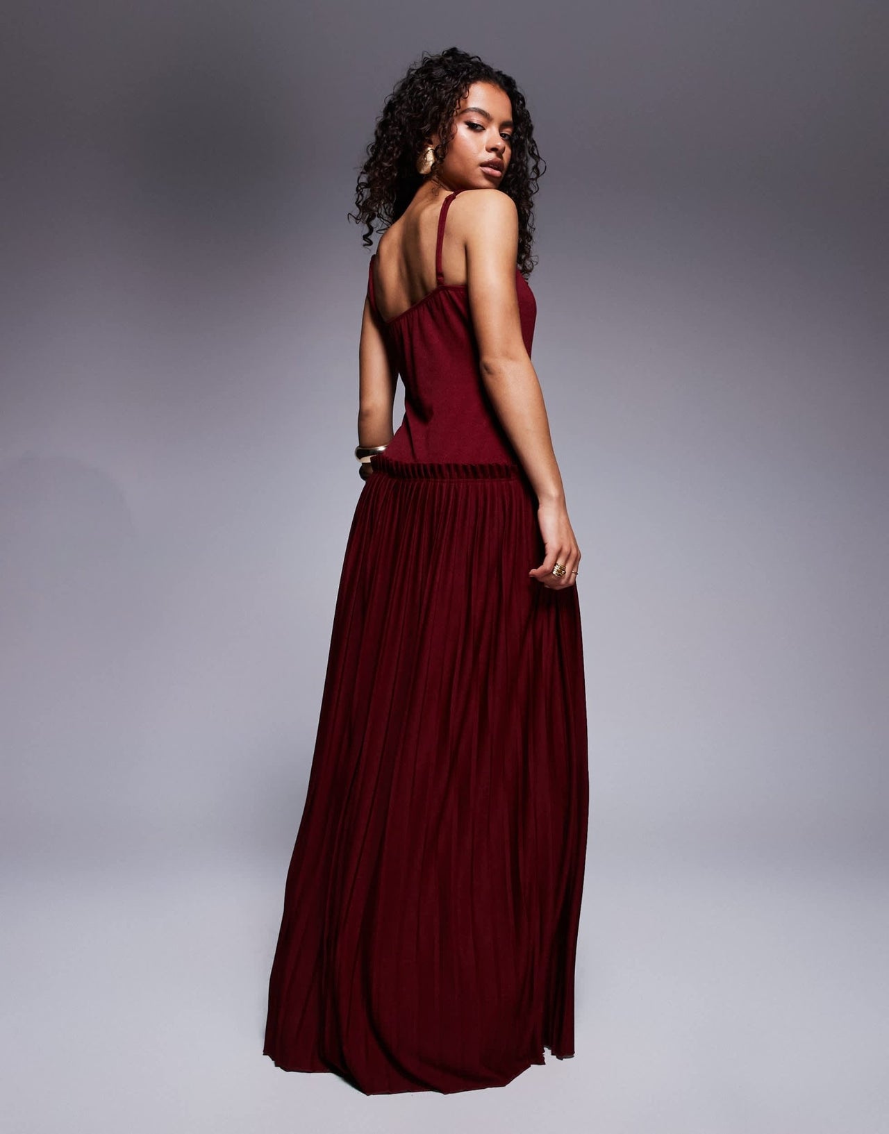ASOS DESIGN Petite square neck pleated maxi dress with dropped waist in wine - ASOS Sample Sale