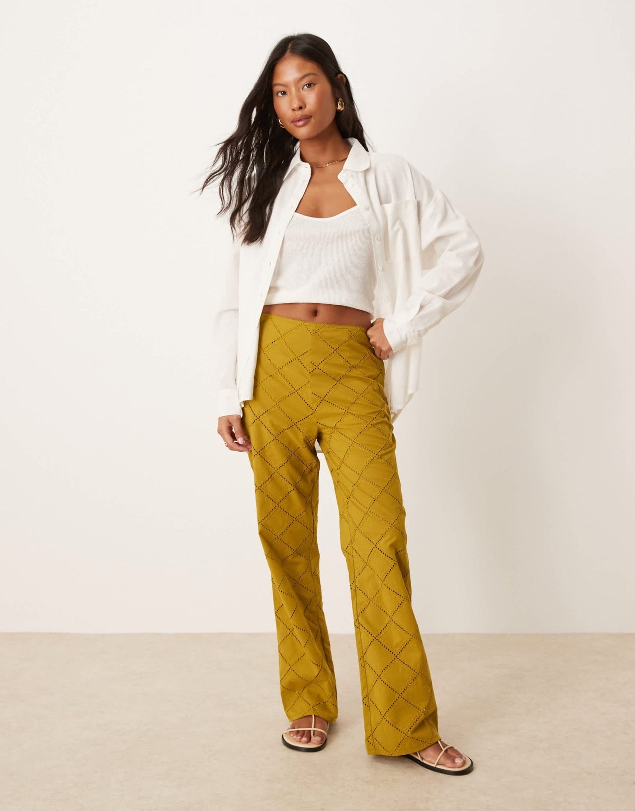 ASOS DESIGN Petite straight leg trousers with geo cutwork in olive - ASOS Sample Sale