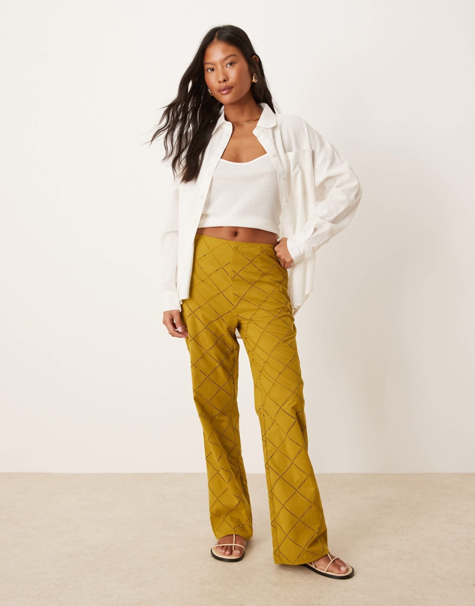 ASOS DESIGN Petite straight leg trousers with geo cutwork in olive - ASOS Sample Sale