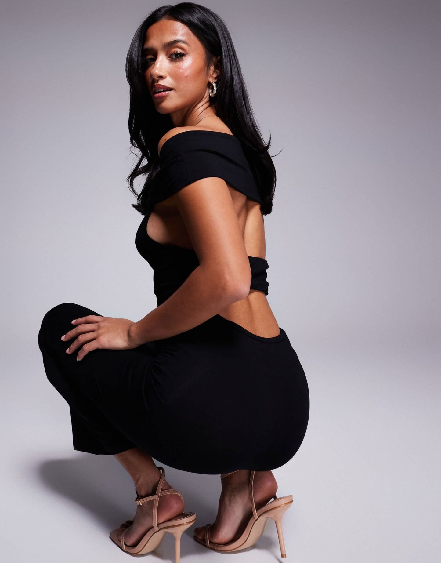 ASOS DESIGN Petite strappy back bardot midi dress in black - ASOS Sample Sale