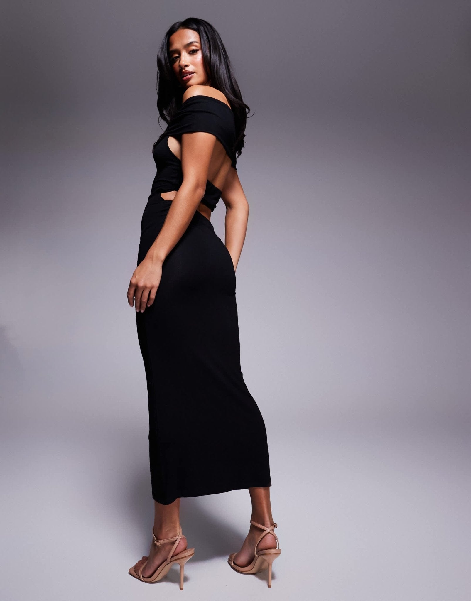ASOS DESIGN Petite strappy back bardot midi dress in black - ASOS Sample Sale