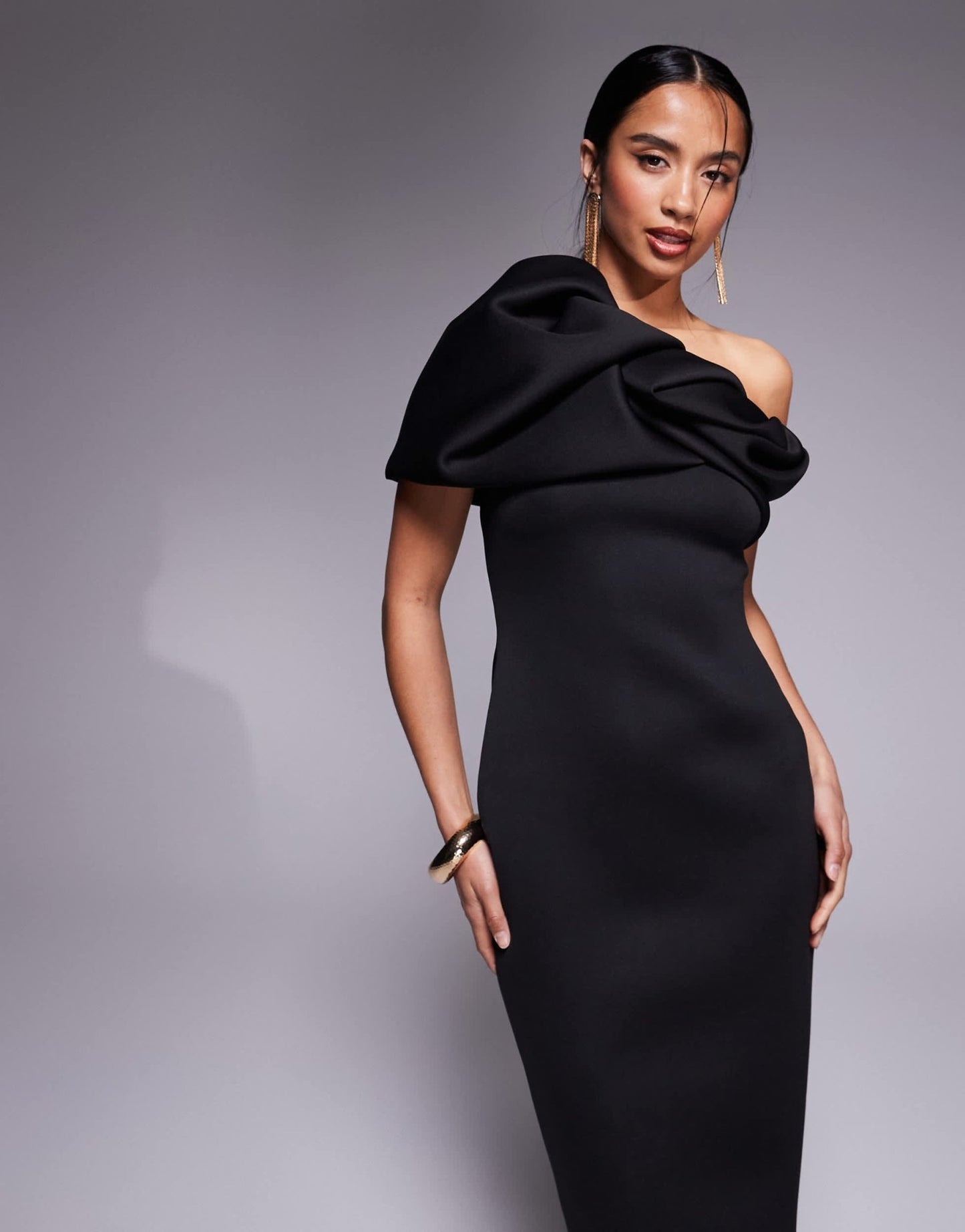ASOS DESIGN Petite structured puff sleeve bandeau midi dress in black in scuba-style fabric - ASOS Sample Sale